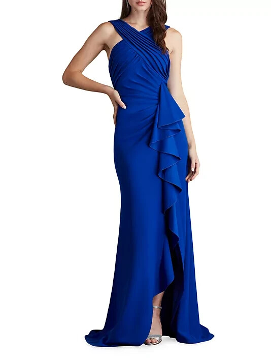 Tadashi Shoji Mystic Blue Crossneck Side Ruffle Gown Size Small $418