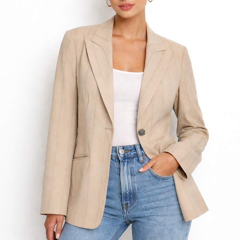 Harvé Benard Petite 12P Beige Pinstripe Blazer Tailored Capsule Jacket Office