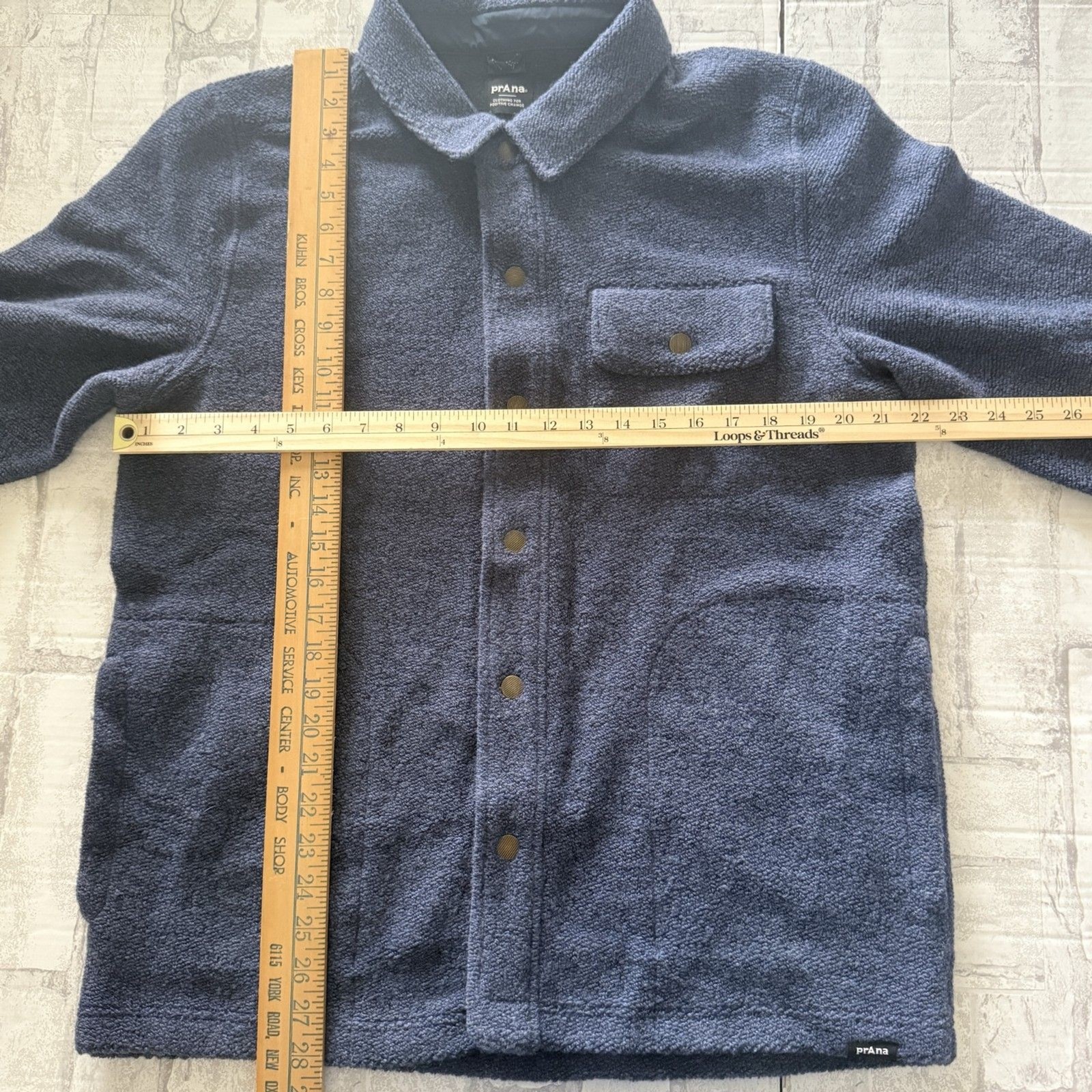 prAna Mens IncrediWool Overshirt Stormy Night Heather Wool Flannel Layer Sz L