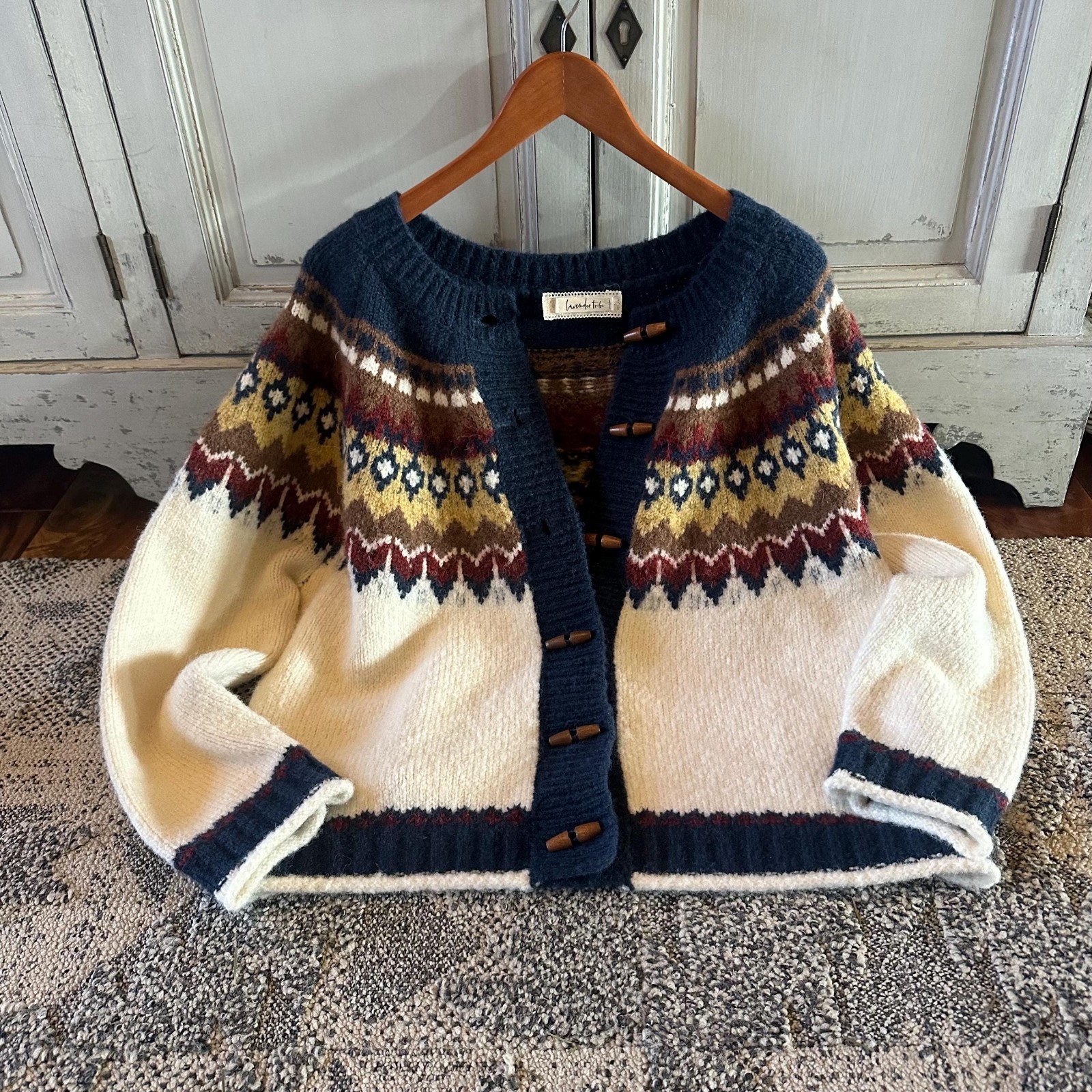 Fair Isle Knit Cardigan Cotton Wool Blend Toggle Front Nordic Sweater