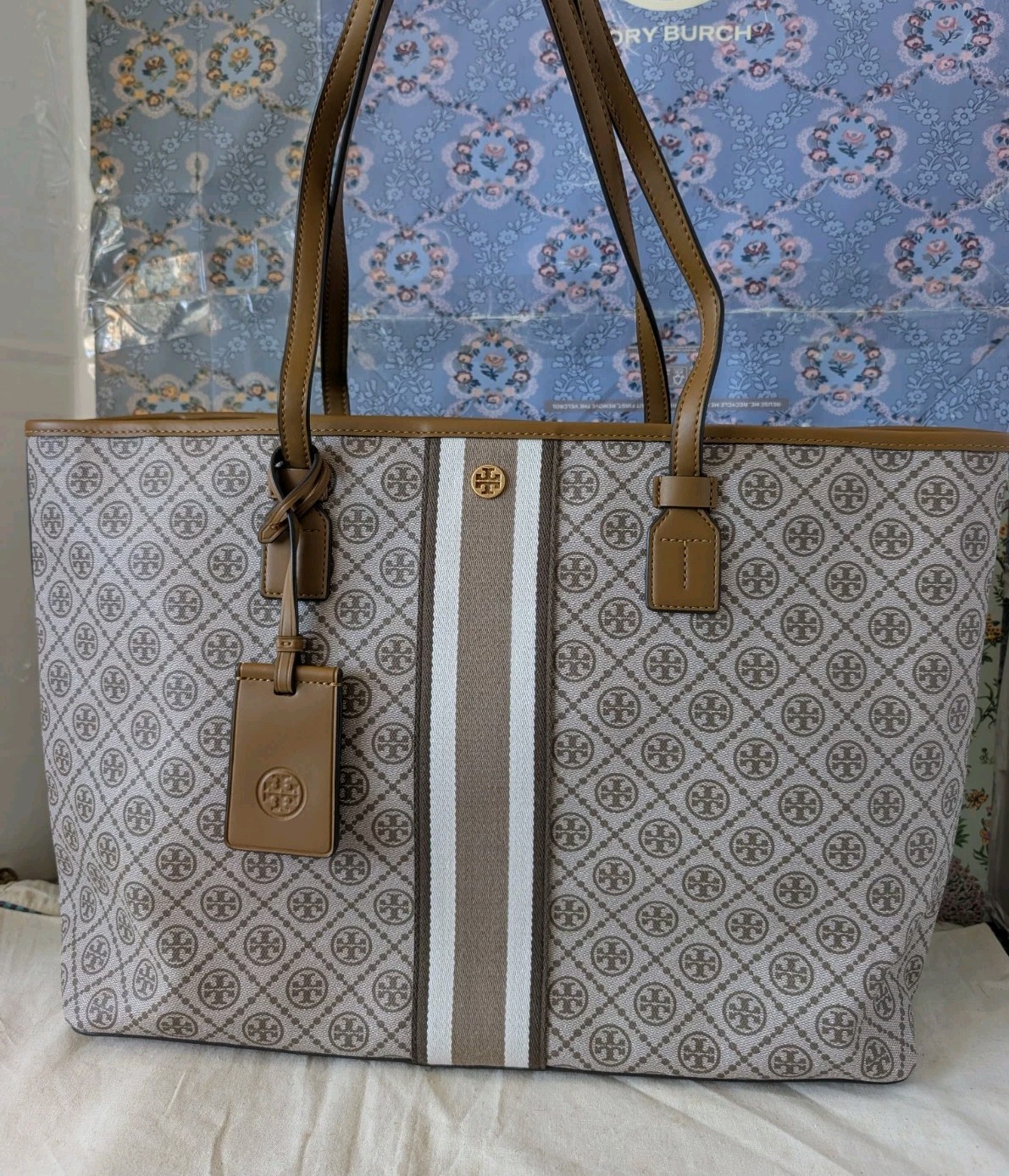 TORY BURCH T MONOGRAM CANVAS TOTE BAG size Large NWT