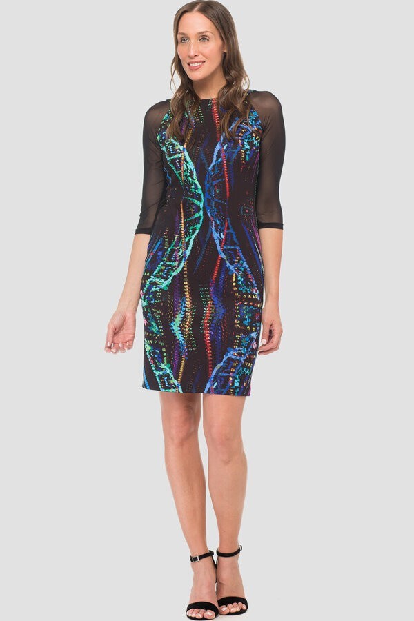 JOSEPH RIBKOFF $262 Stretch Sheer Mesh Sleeve Abstract Print Dress Size 8