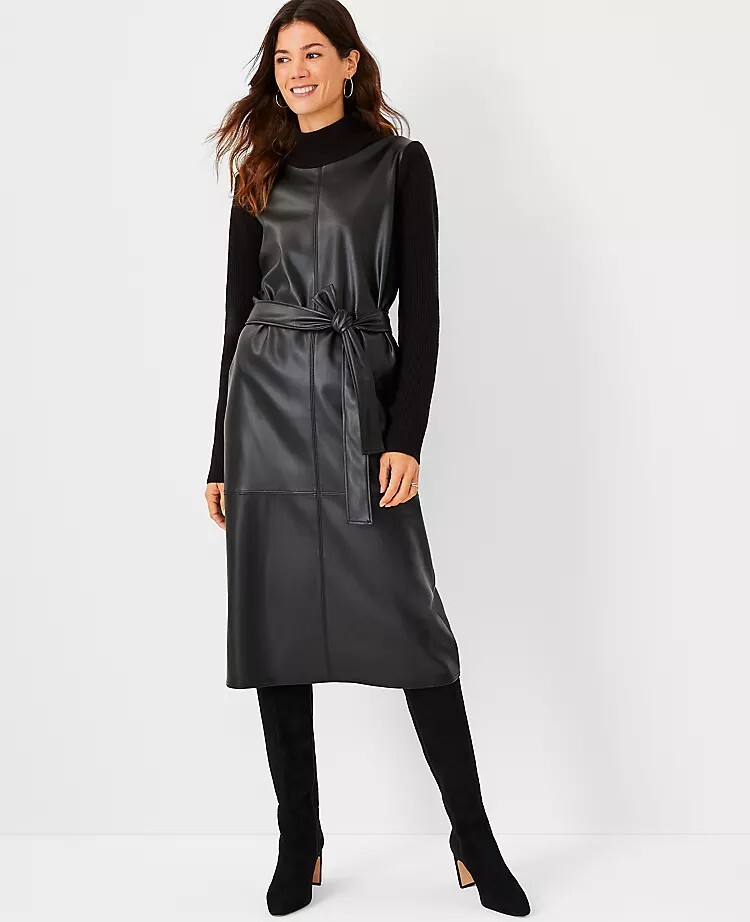 Ann Taylor Sweater Dress Black Faux Leather Mixed Media Long Sleeve Size MP