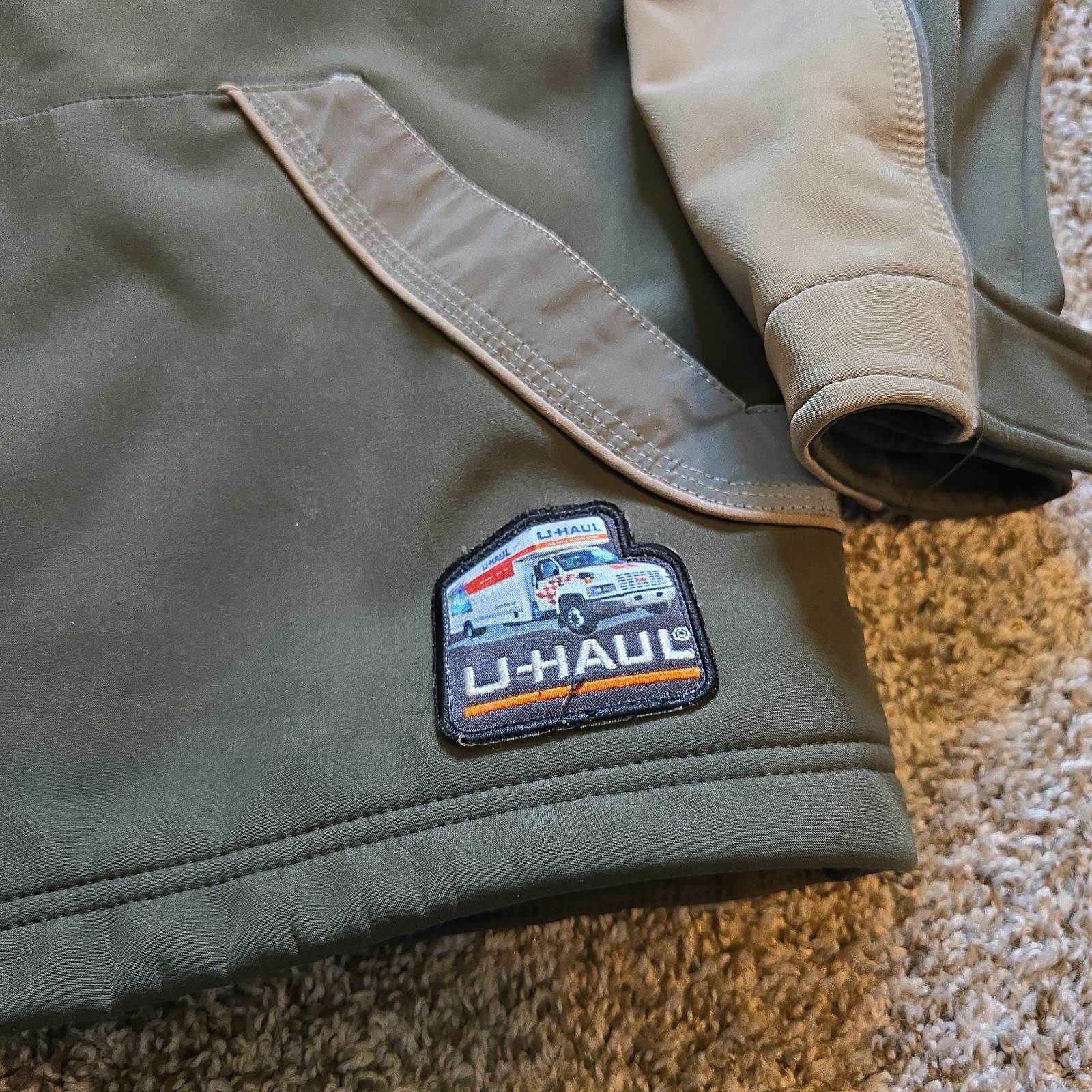 U-Haul Jacket Mens Green Tan Hooded Reflective Workwear Softshell Zip Up XL