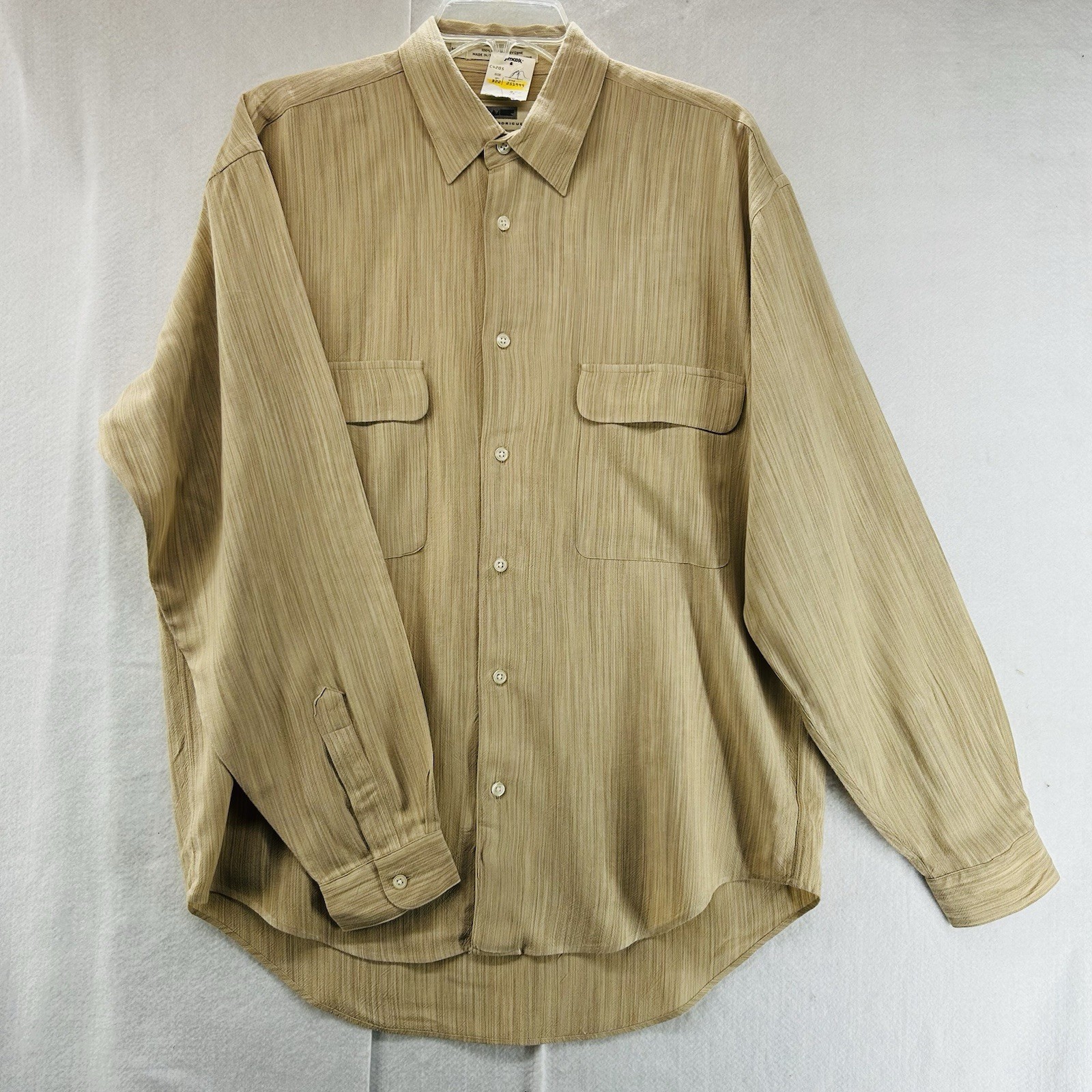 Vintage Wilke Rodriguez 100% Rayon Mens Long Sleeve Shirt Tan Medium NWT