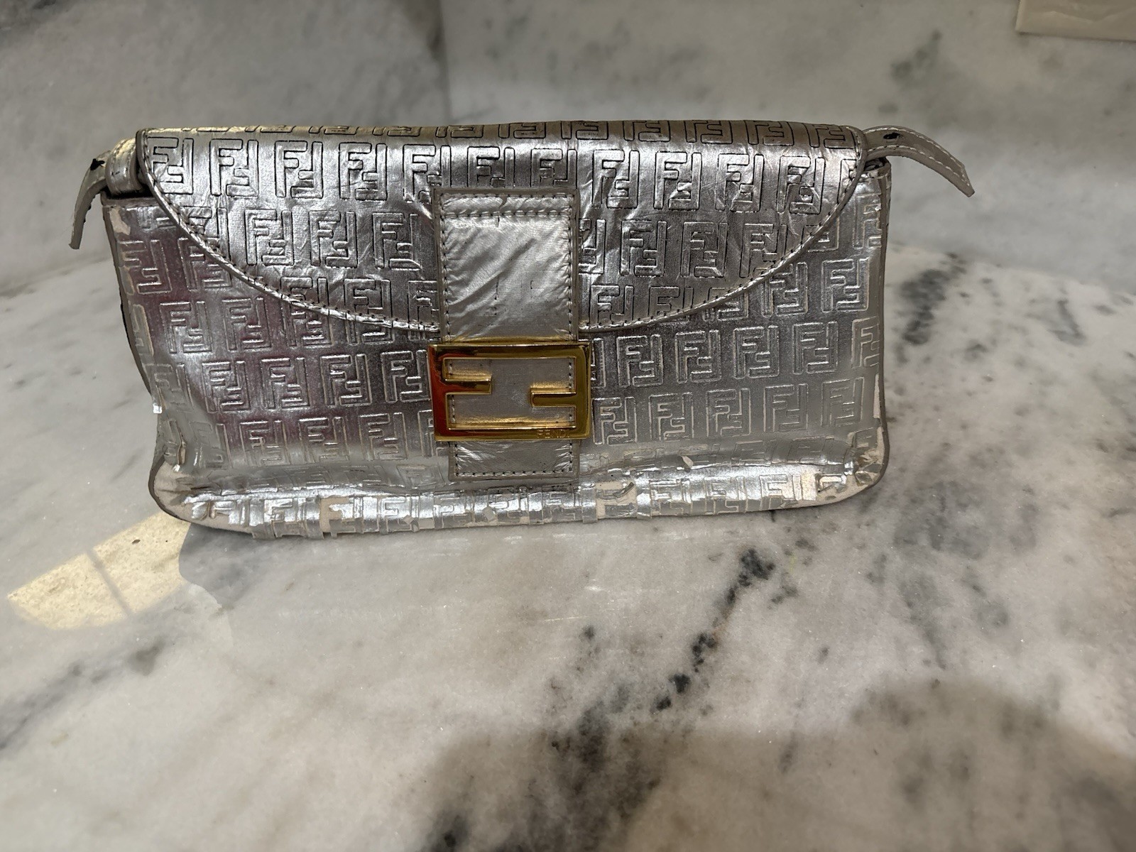 Fendi Metallic Silver FF Monogram Baguette, Gold Hardware – Rare!