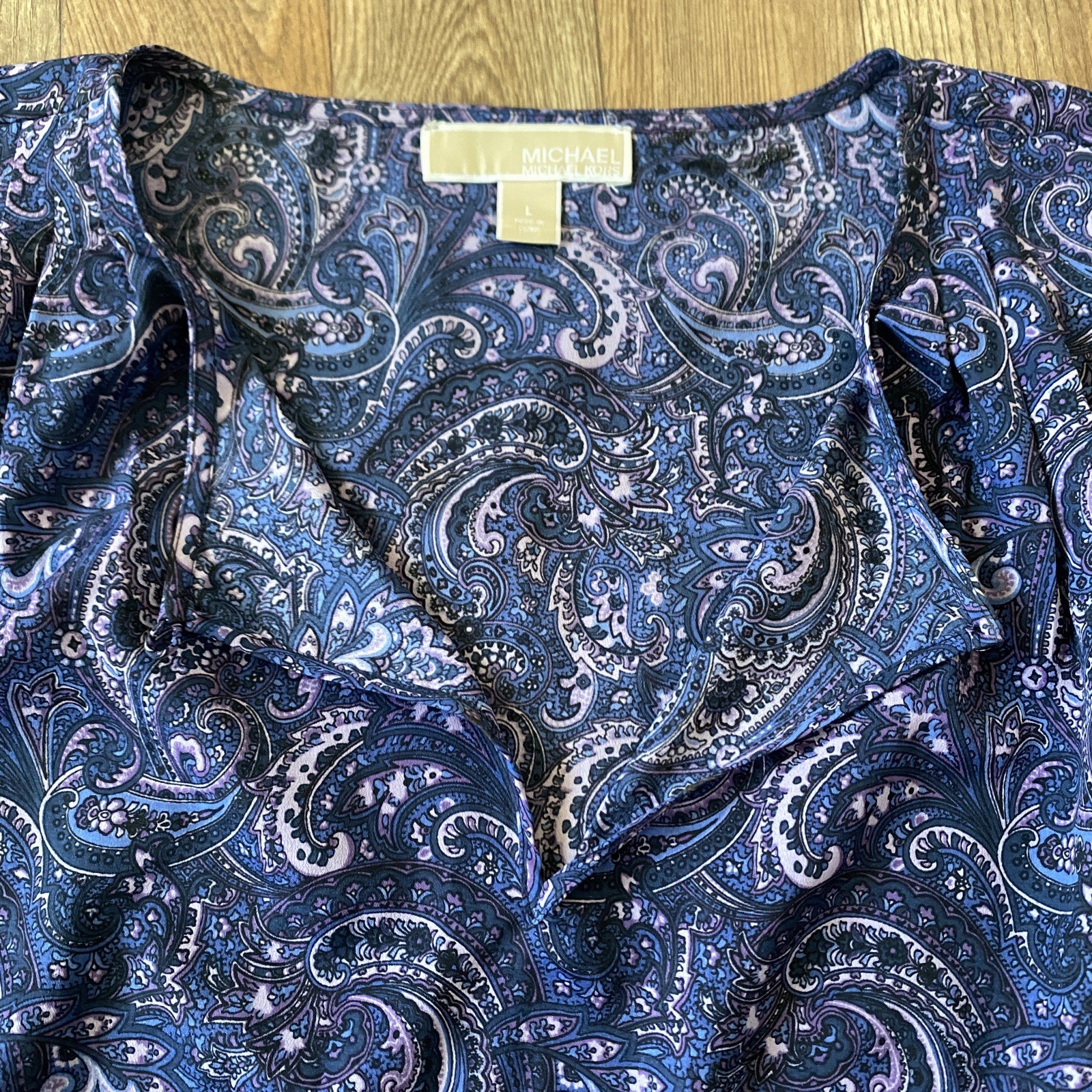 MICHAEL KORS Purple Blue Paisley Blouse Drawstring Waist Batwing Dolman Sleeve L