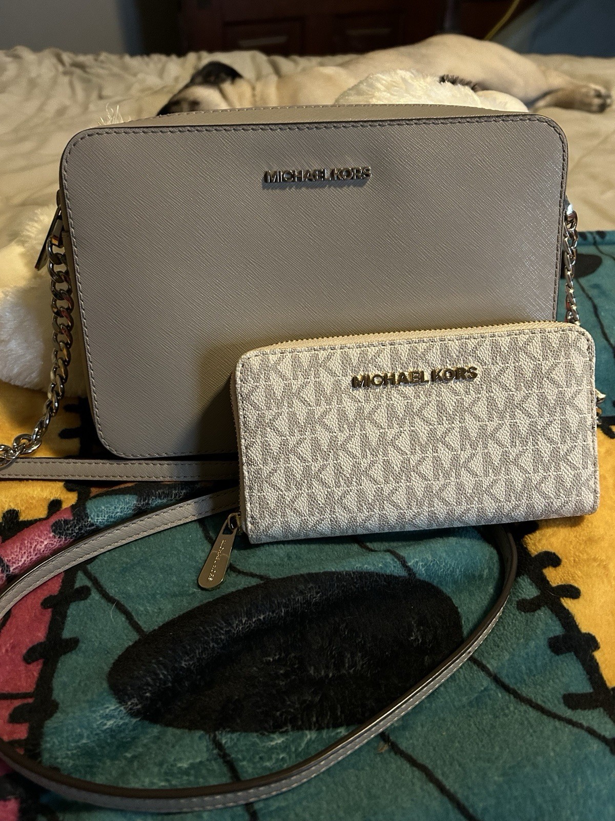 Michael Kors Gray Monogram Saffiano Crossbody Zip Strap Silver