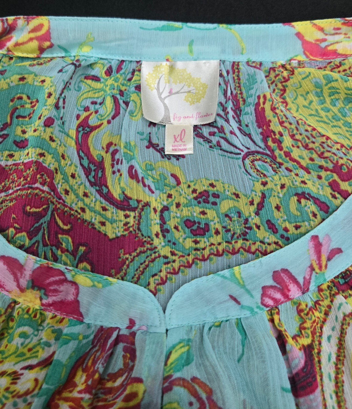 Fig & Flower Blouse Size XL Paisley Floral Boho Peasant Top Teal Balloon Sleeve