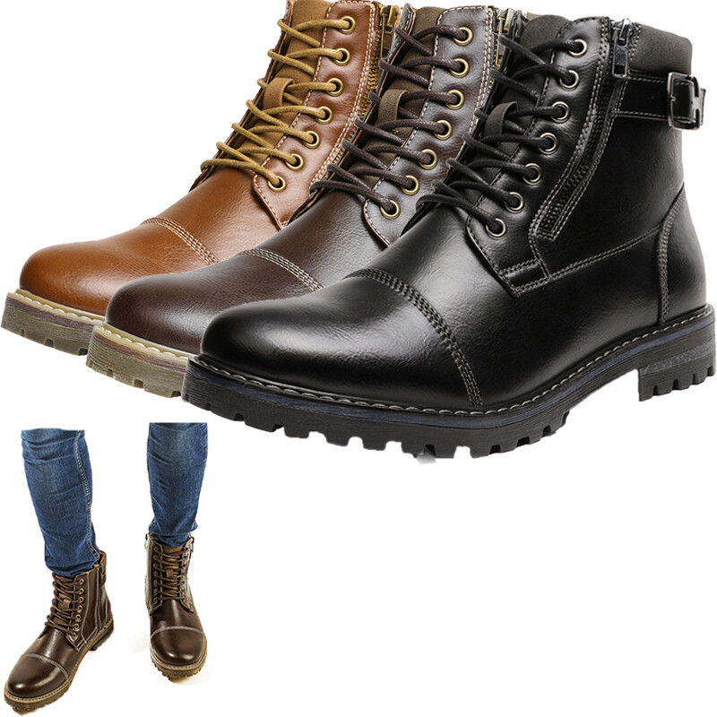 Men’s Leather Motorcycle Boots Combat Winter Warm Fur Ankle Shoes US Size 6.5-13