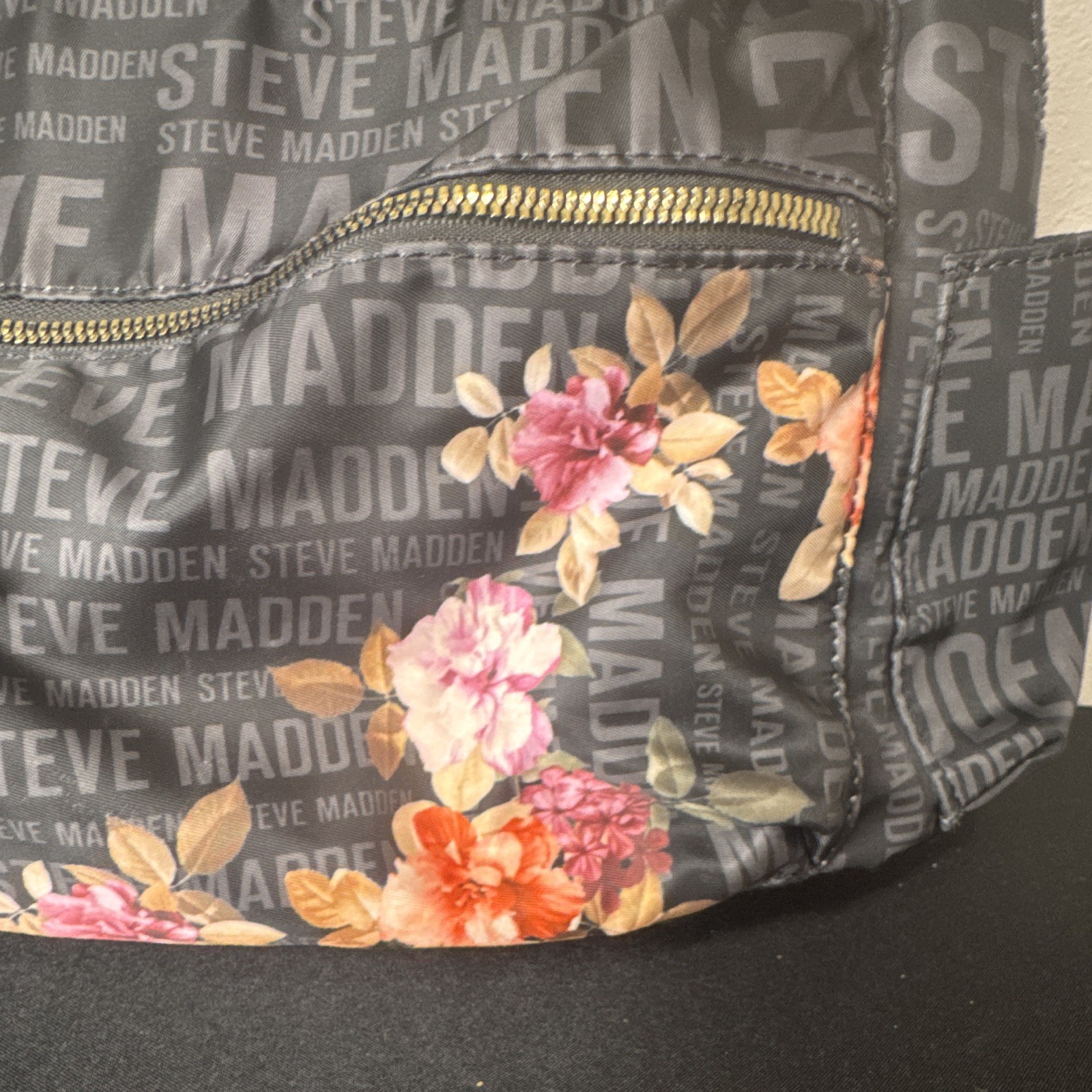 Steve Madden Black/Gray Logo Backpack Floral Pocket Gold Hardware Zip Pockets