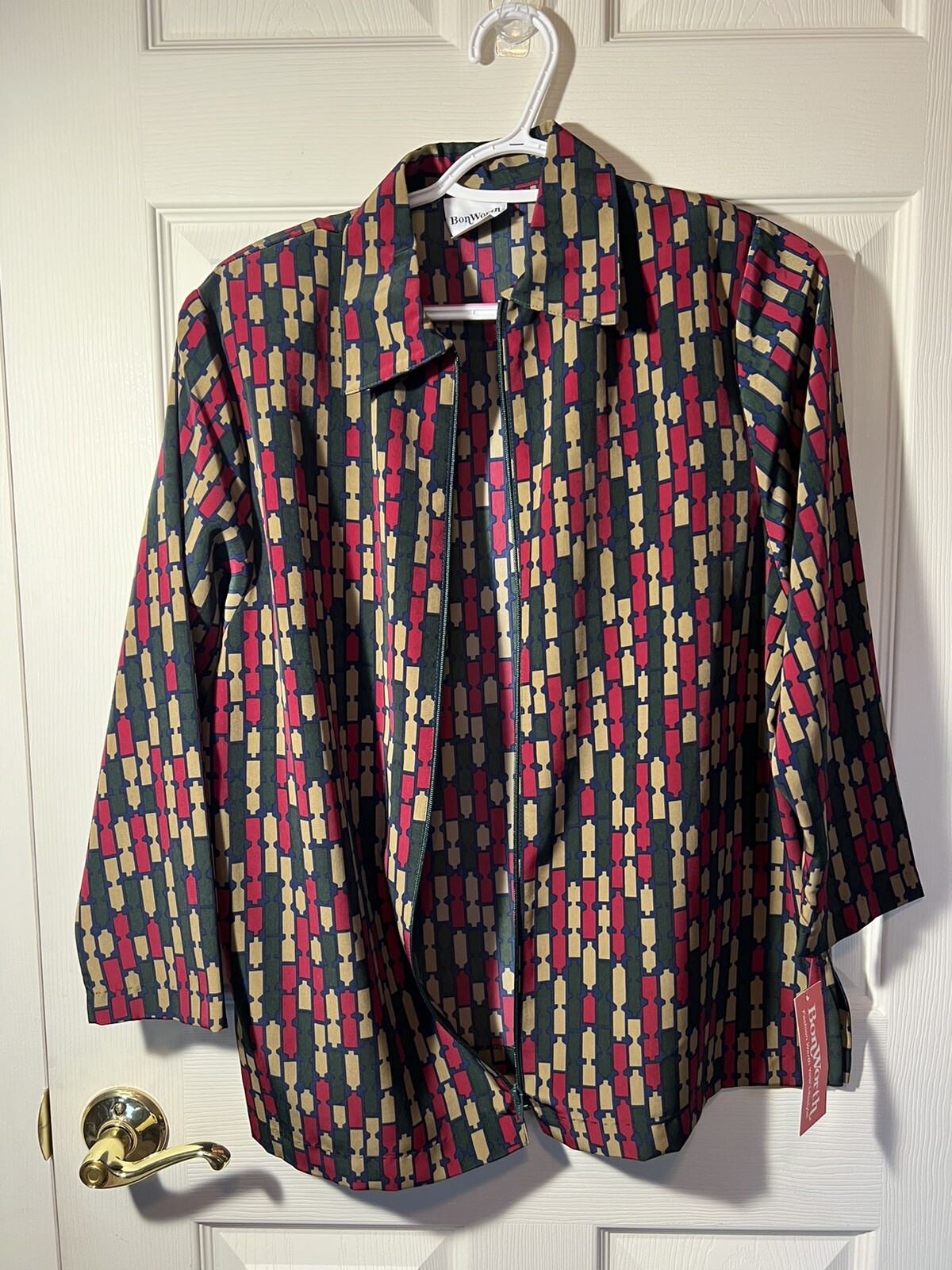 BonWorth VTG Long Sleeve Zip Up Shoulder Pads MultiColor Geometric Blouse SP