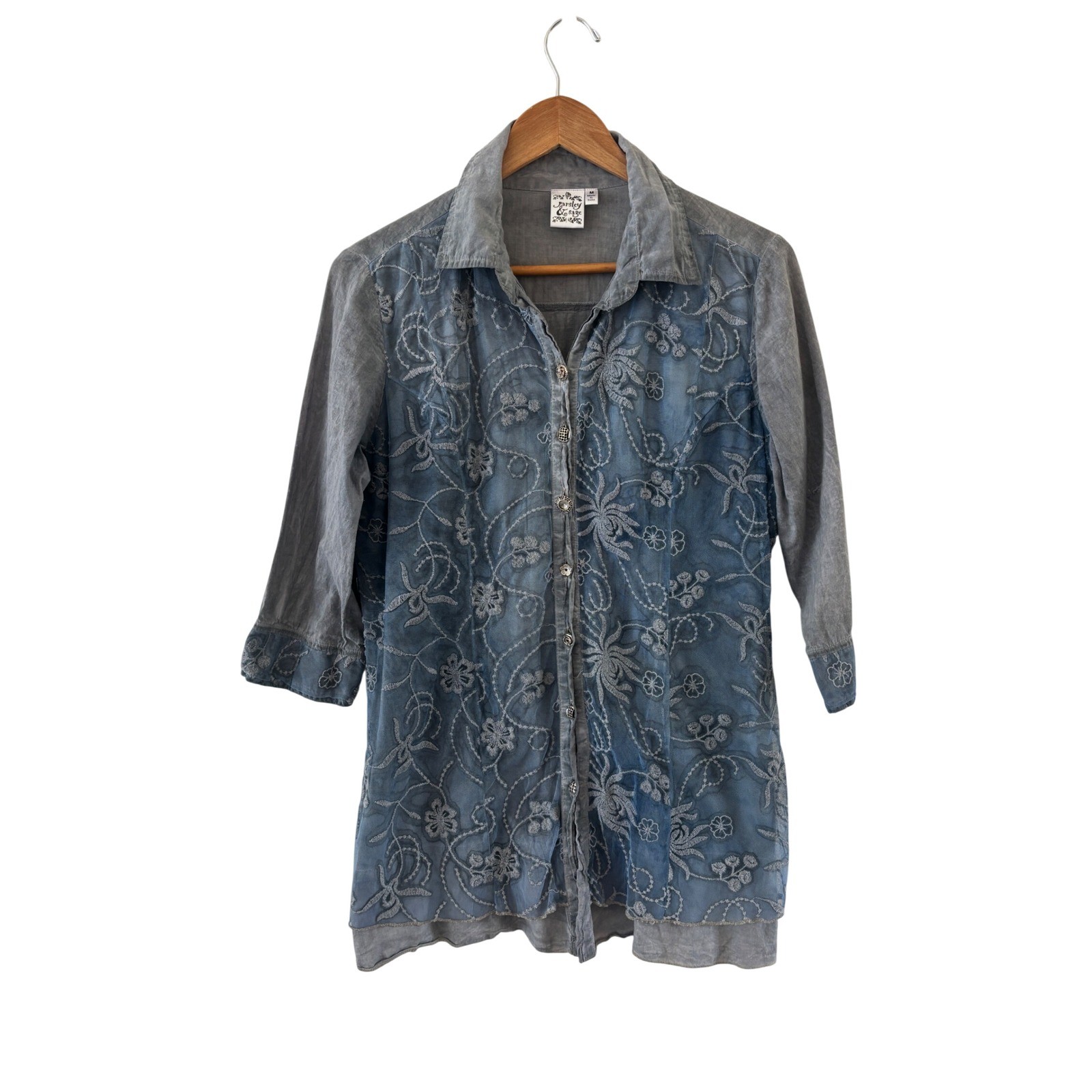 Parsley & Sage Embroidered Button Down Top Womens M Blue Lace Chiffon Fairy