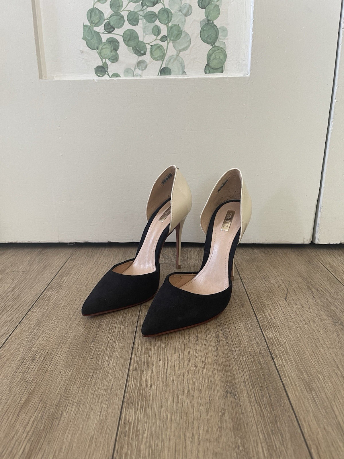 SCHUTZ Black/Ivory Suede & Patent Leather D’Orsay Pointed Toe Stiletto 6