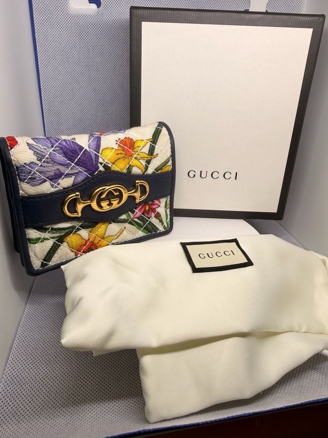 Gucci GG Marmont Floral Quilted Canvas Wallet with Horsebit Detail