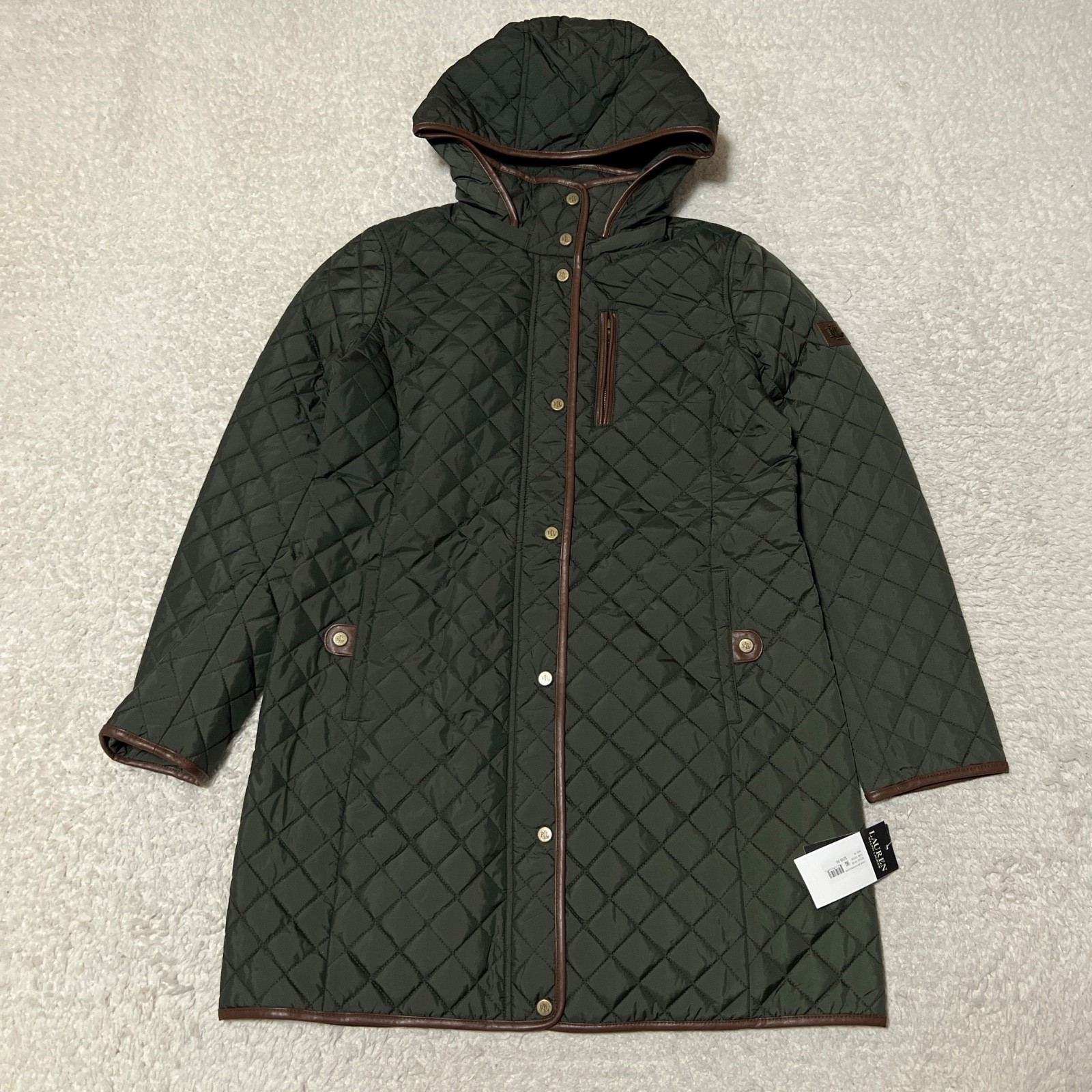 Lauren Ralph Lauren Jacket Women Medium Green Quilted Hooded Coat Leather Trim