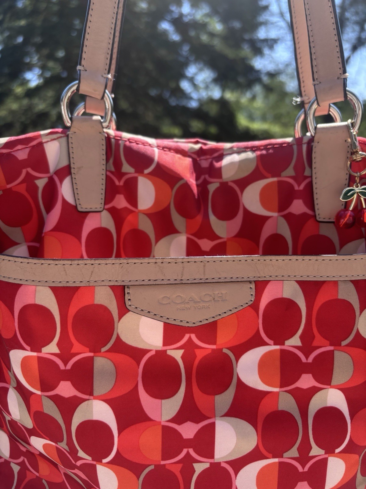 Coach Signature Logo Tote Shoulder Bag Zip Inner Pockets Lined Charm Red Pink
