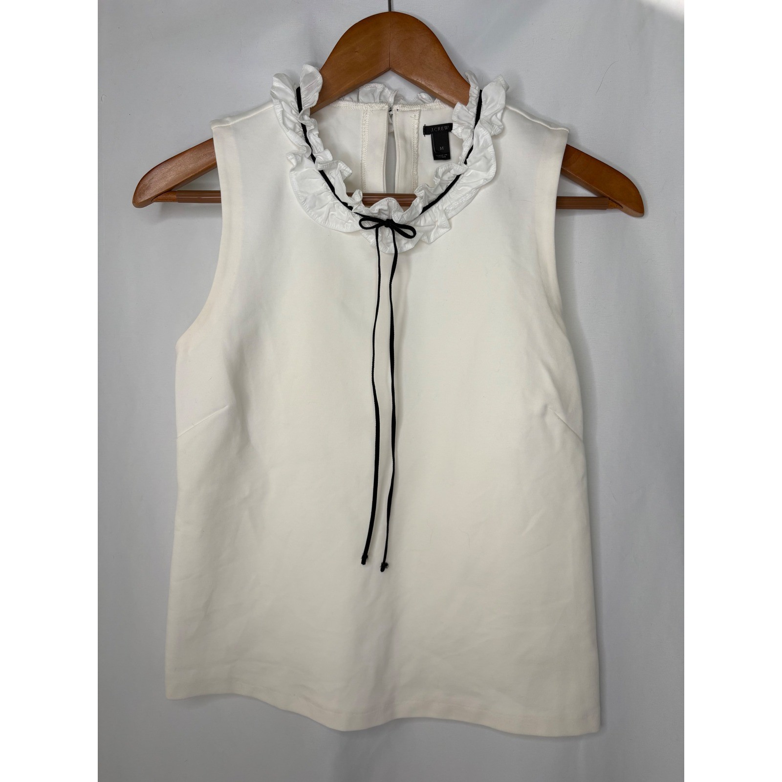 J.Crew Ivory White Ruffle Neck Sleeveless Top Black Ribbon Tie Size M Ponte