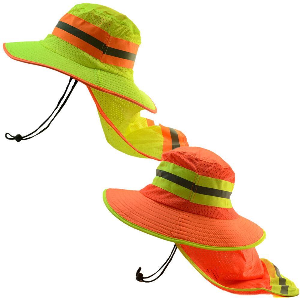 Hi Vis Reflective Safety Outdoor Work Bucket Baseball Cap Neck Flap Boonie Hats