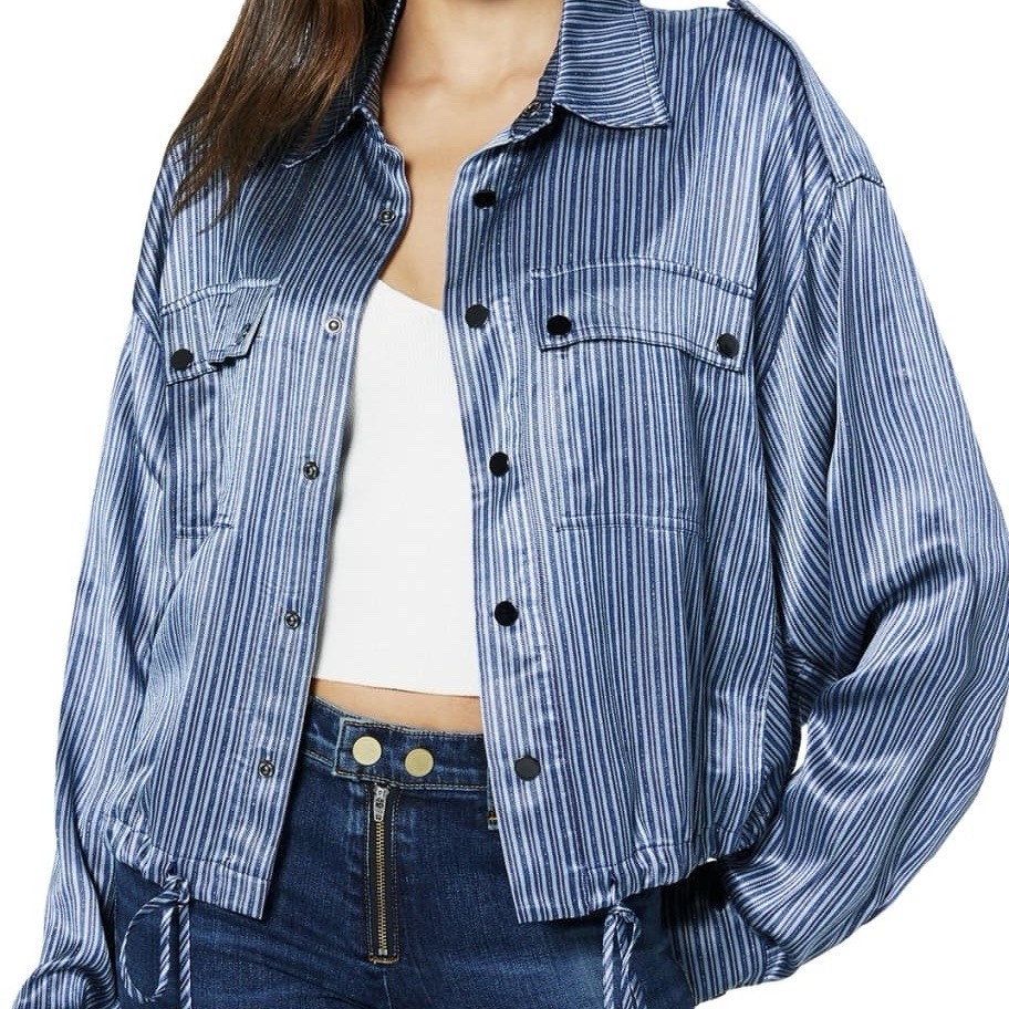 Ramy Brook Blue Striped Lurex Lia Button-Up Bomber Shirt Jacket Size XXS NWT