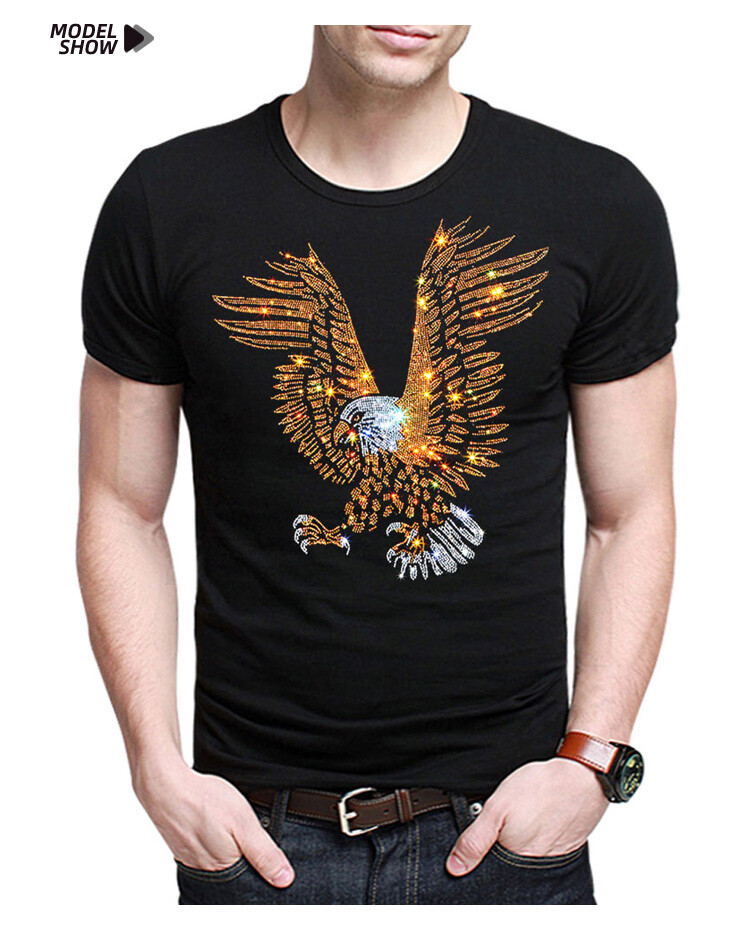 Men Fashion Diamonds T-Shirt Hawk Eagle 3D Rhinestones Hot Drill Short Sleeve