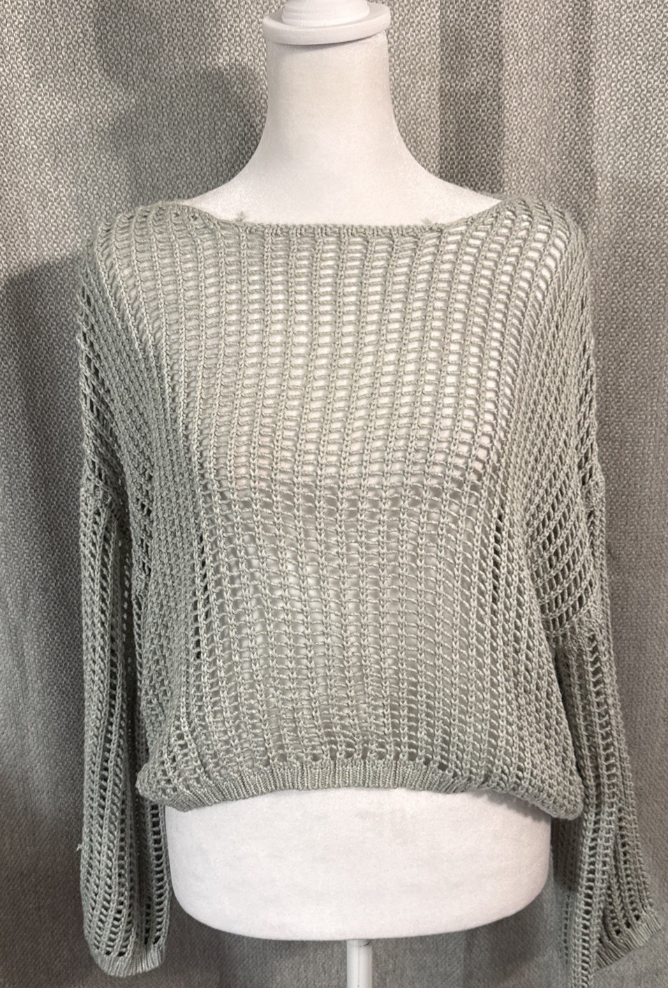 Pink Lily Open Weave Crochet Sweater Top Women’s Size Small Sage Green Crop Boho
