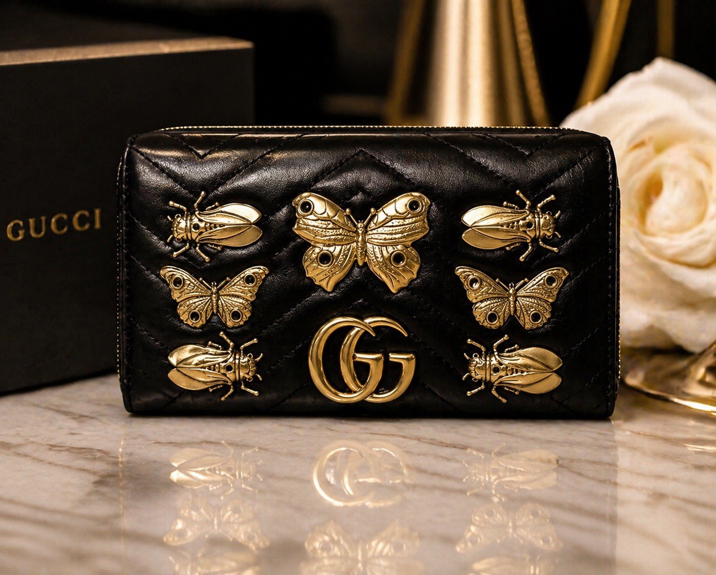 Authentic Gucci Marmont Matelassé Black Leather Butterfly Insect WOC Chain Bag