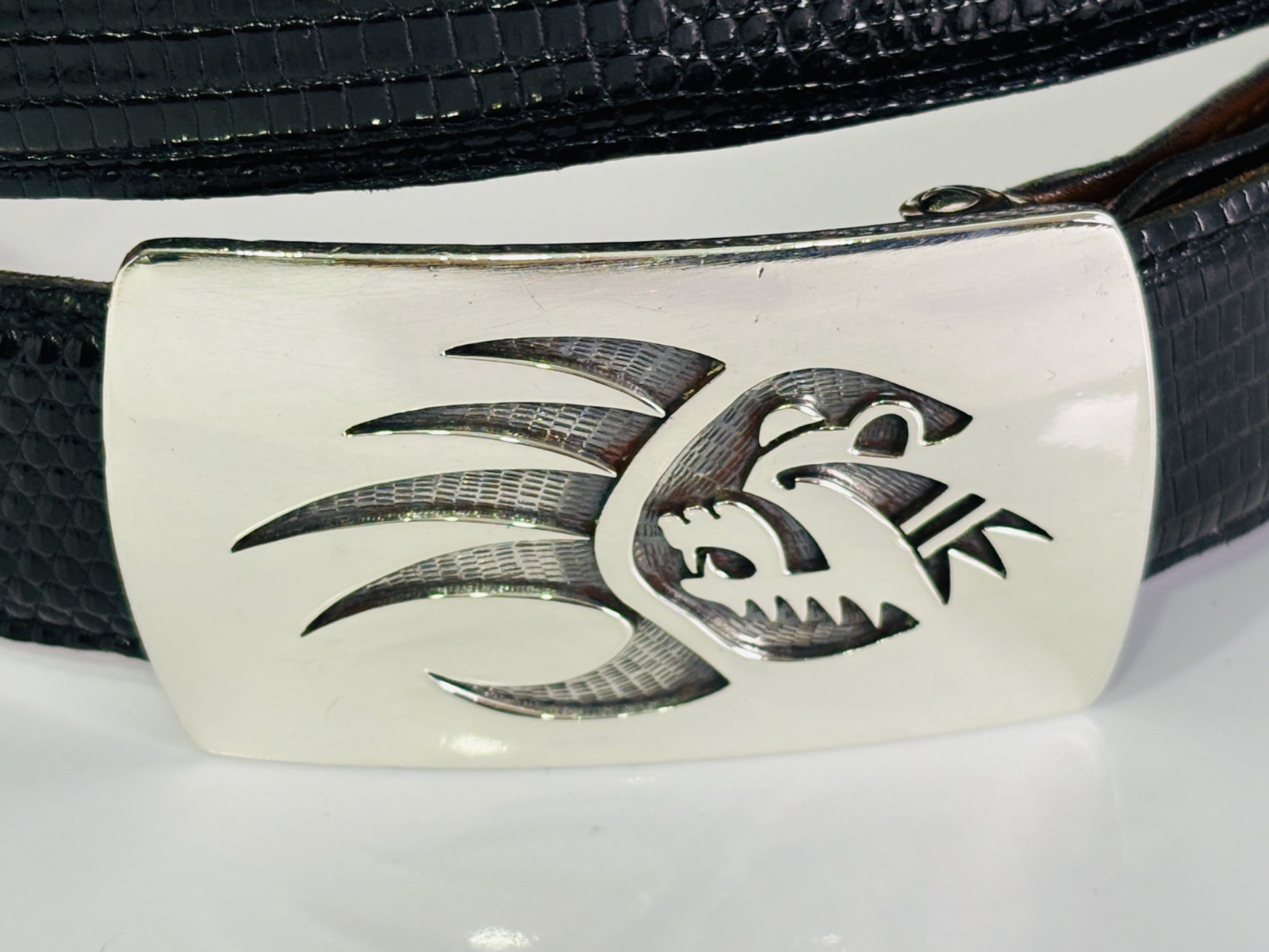 Sterling Silver .925 Bear Claw Belt Buckle Black Lizard Strap Made in USA 38
