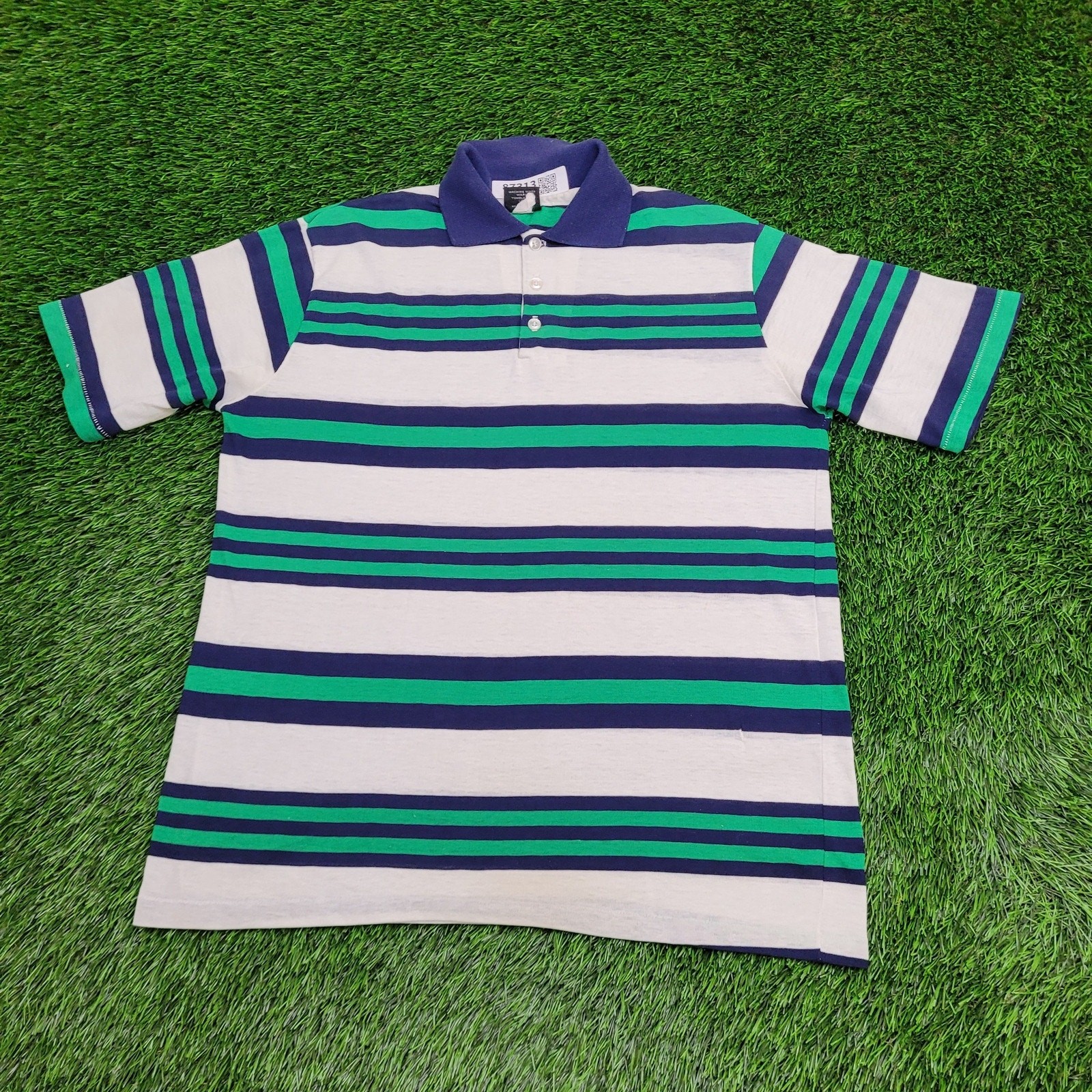 Vintage 90s MOD Polo Shirt Large 21×26 Green White Blue Stripes