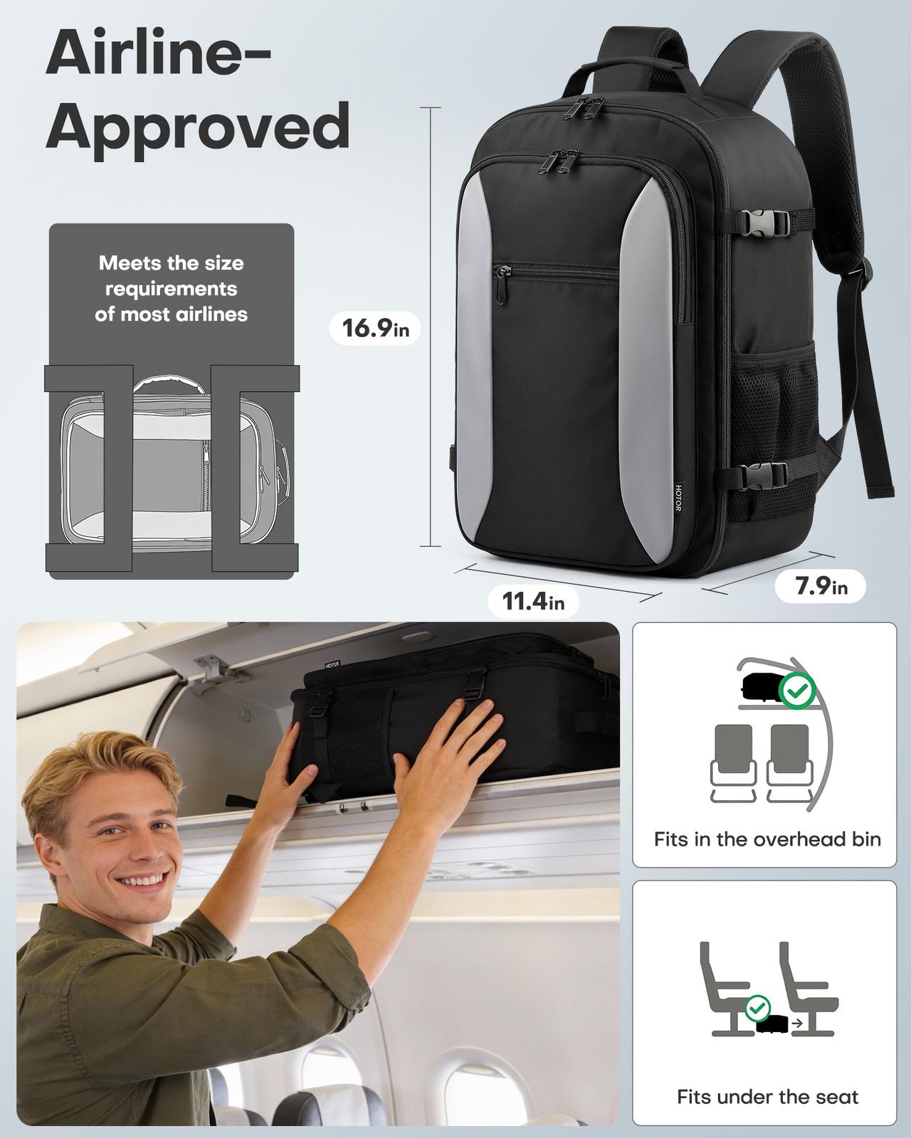 Black TSAFriendly CarryOn Travel Backpack 16.9×11.4×7.9 Inch Waterproof