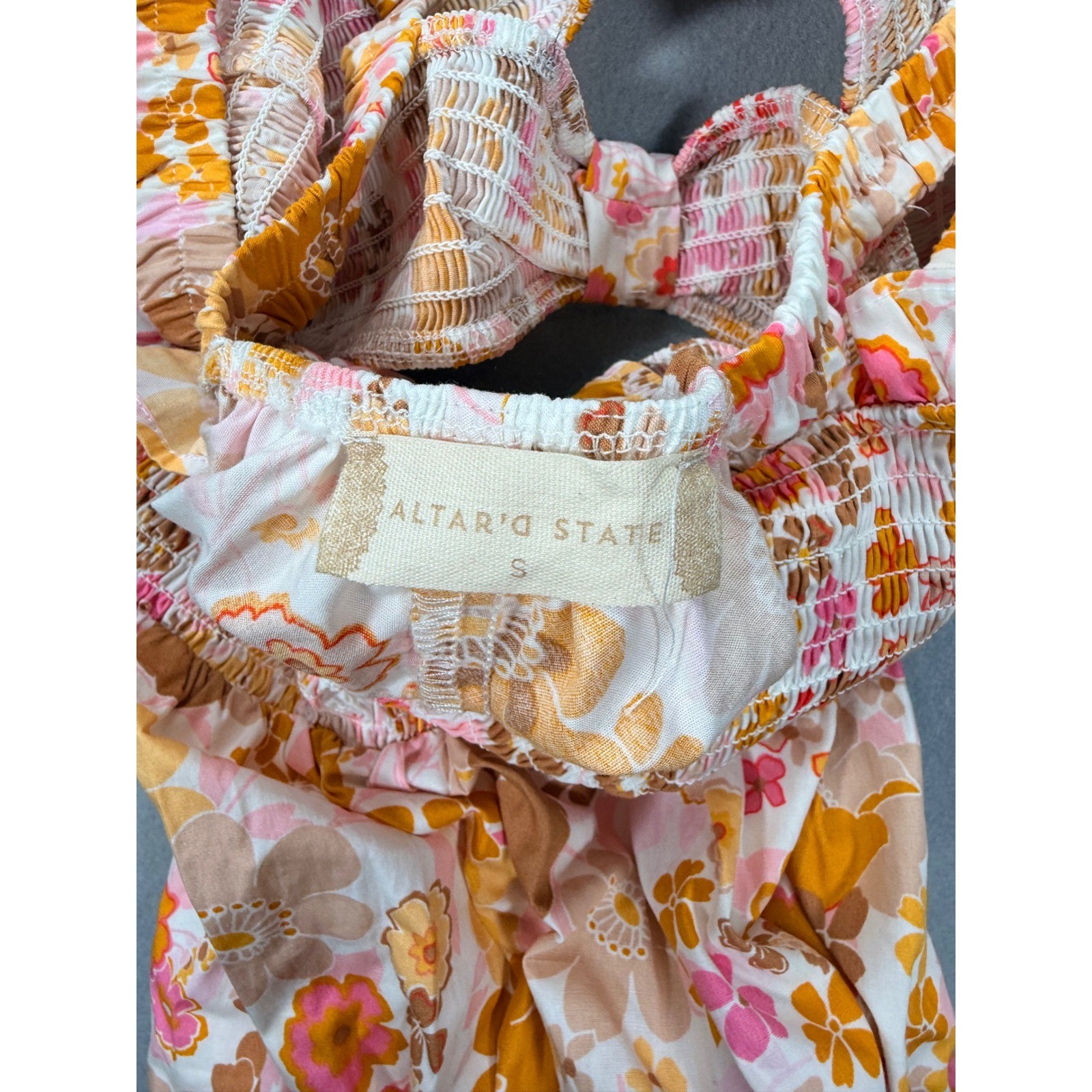 Altar’d State Retro Floral Smocked Mini Dress Pink Orange Small Cutout Back