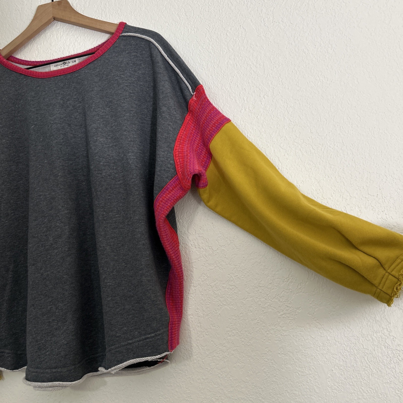 Natural Life Knit Trim Sweatshirt Colorblock Oversized Fit Colorful Boho Sz S M