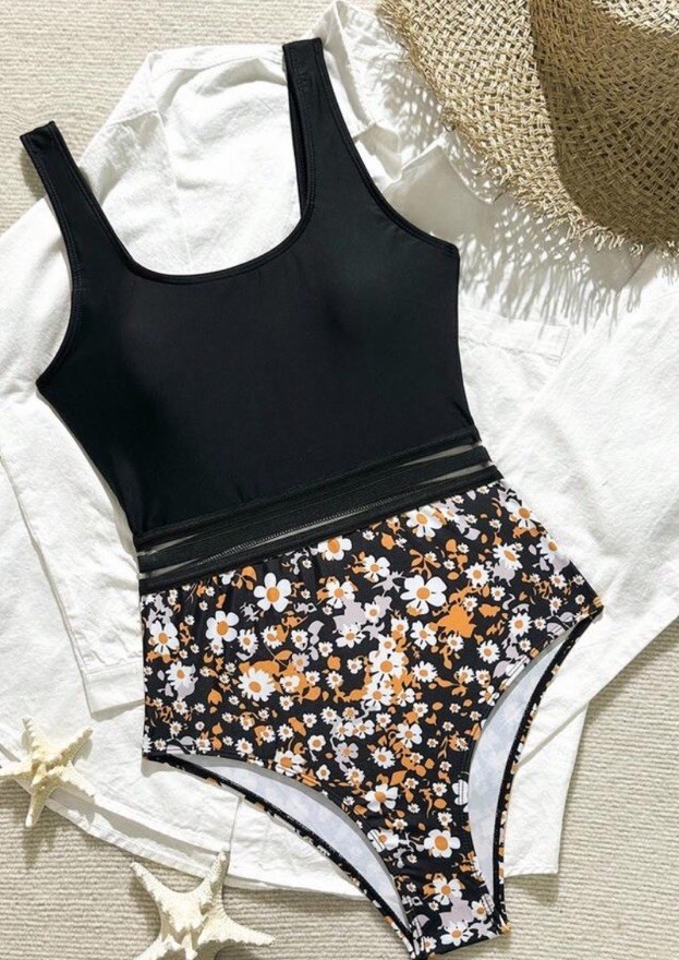 SHEIN swimsuit black top with mesh inserts orange & white floral bottom small
