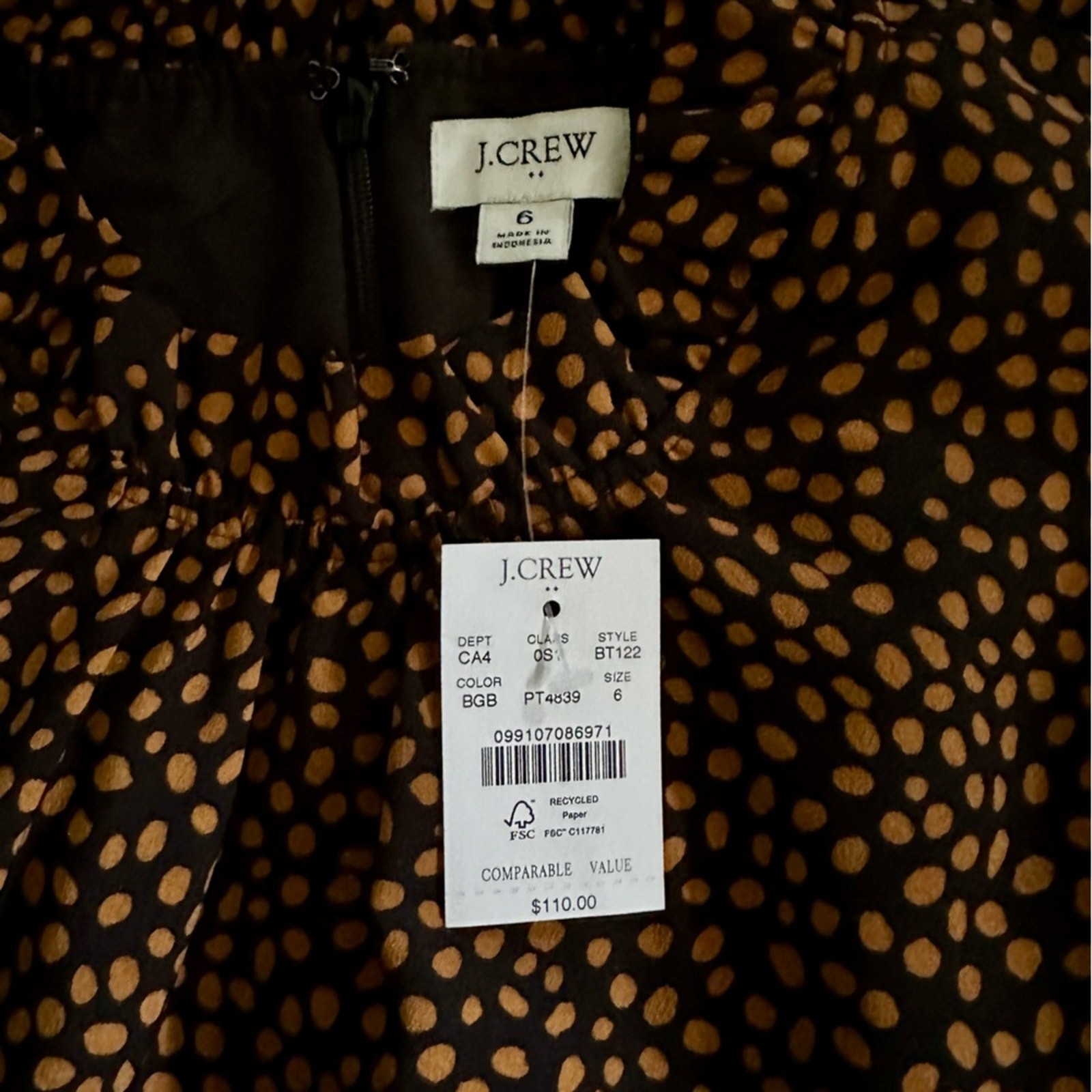 J Crew Ruffleneck shift dress, Size 6, animal print