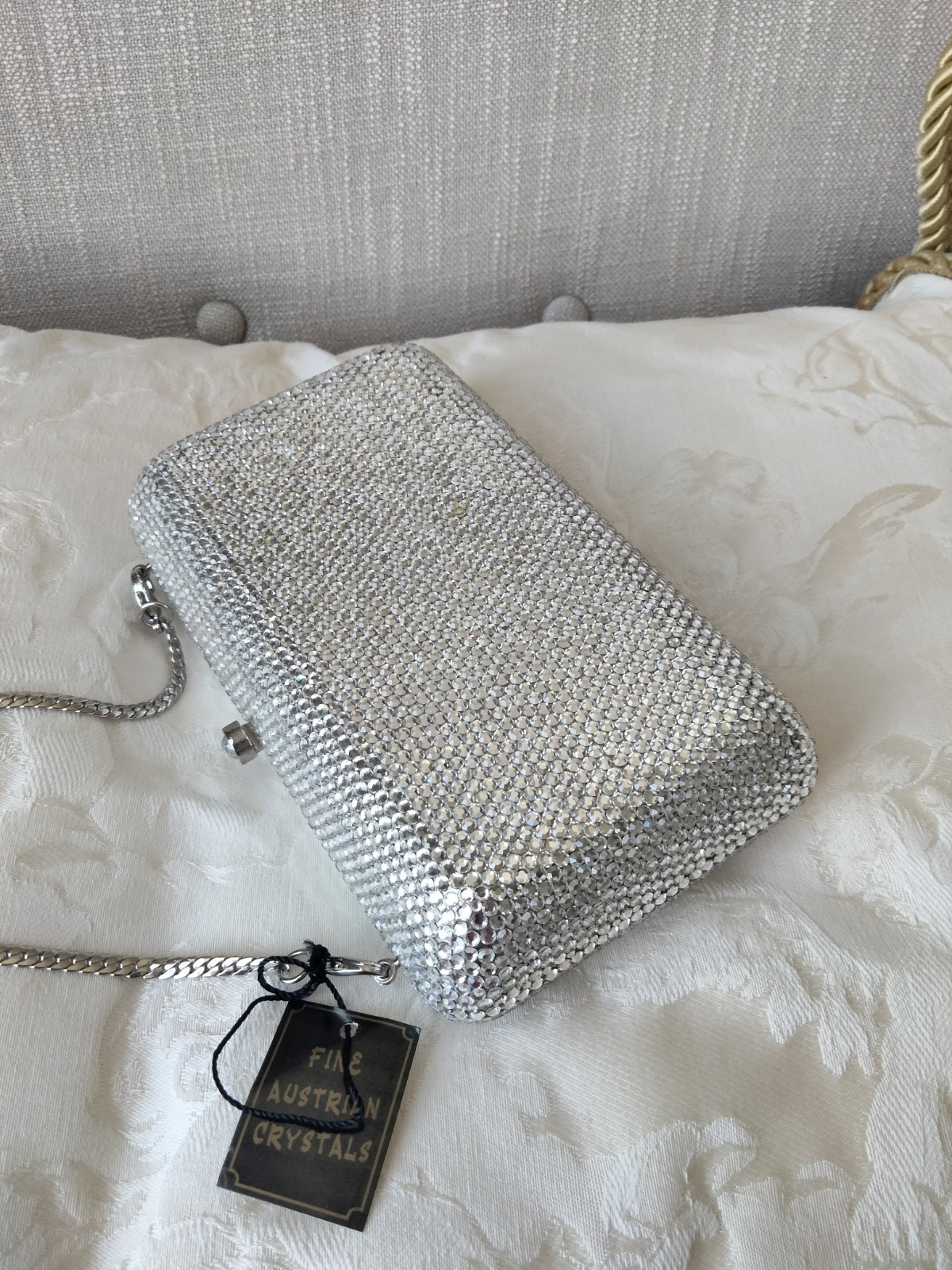 Silver Austrian Crystal Evening Clutch, Detachable Chain Strap, Snap Closure