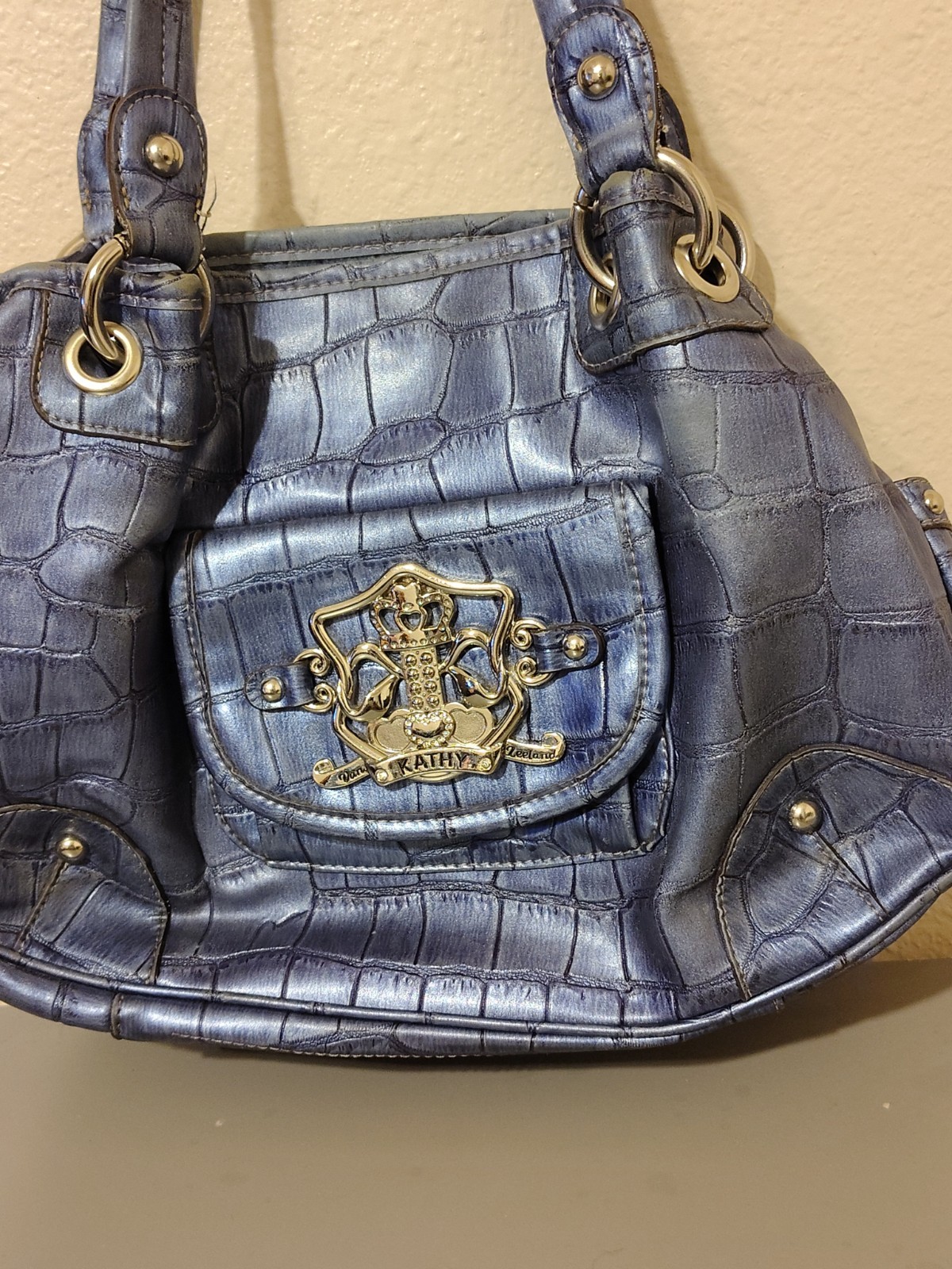 Kathy VanZeeland Metallic Silver Croc-Embossed Handbag with Crest Emblem