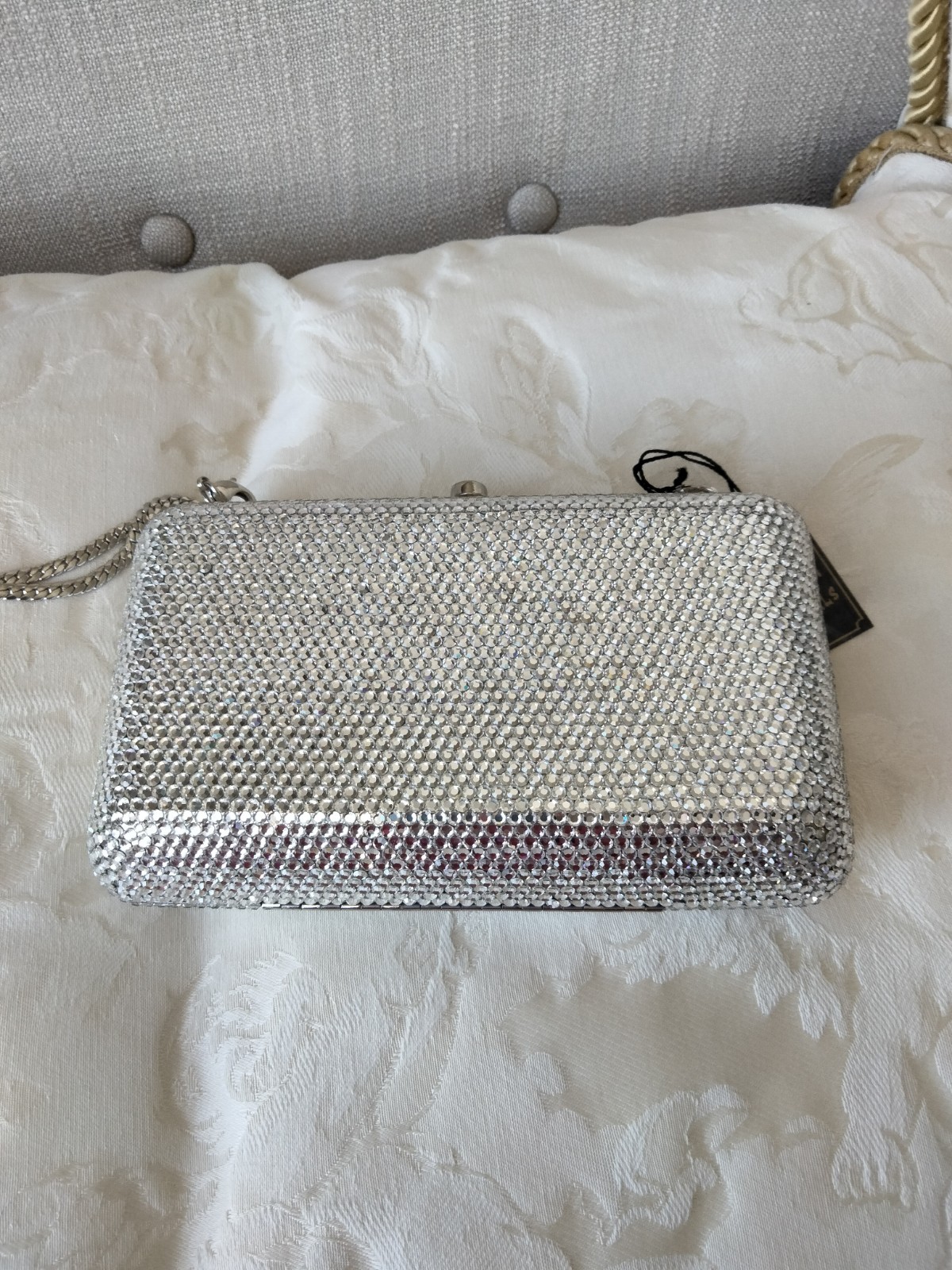 Silver Austrian Crystal Evening Clutch, Detachable Chain Strap, Snap Closure