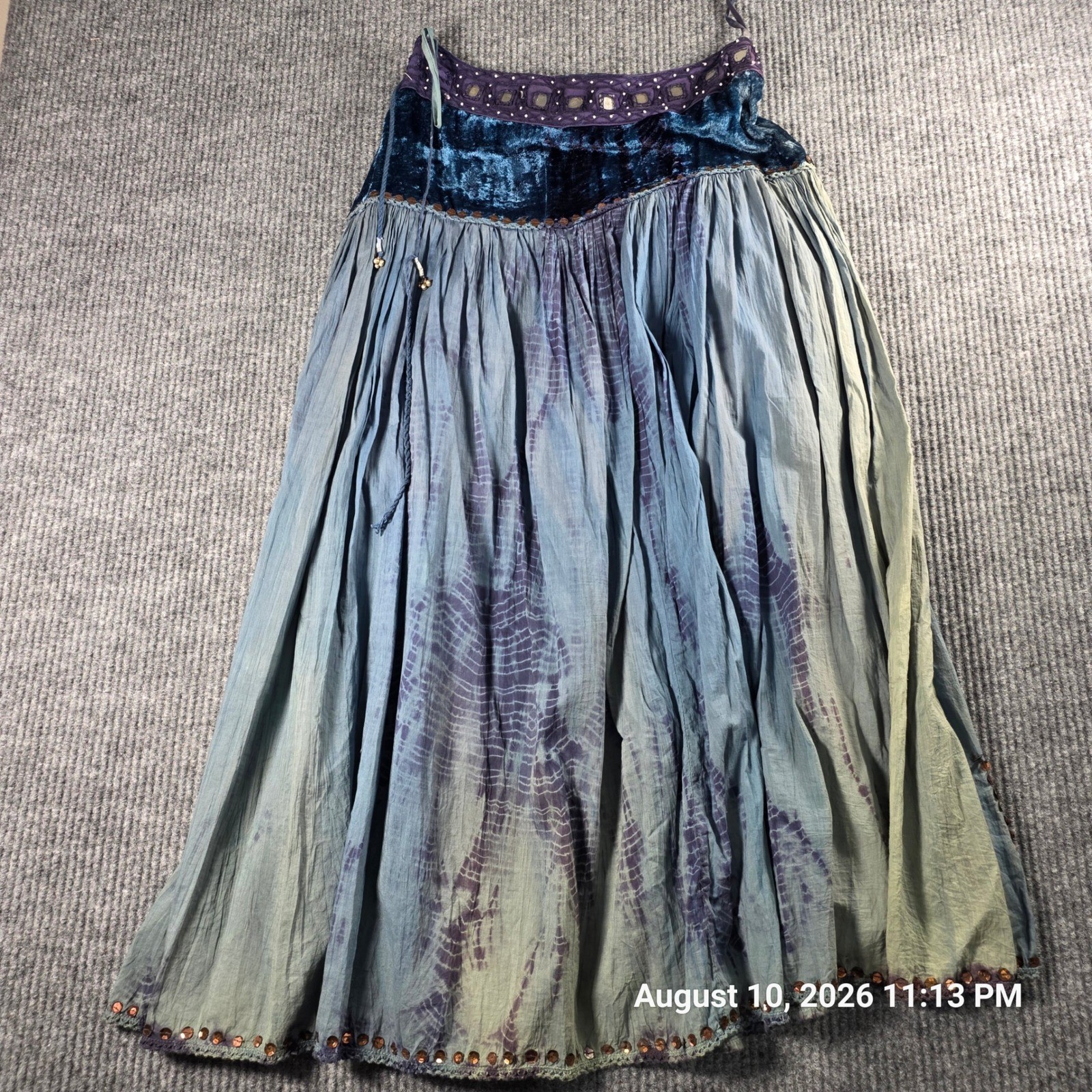 Karan Boho Velvet Tie Dye Maxi Skirt Blue Purple Mirror Sequin Embellished S