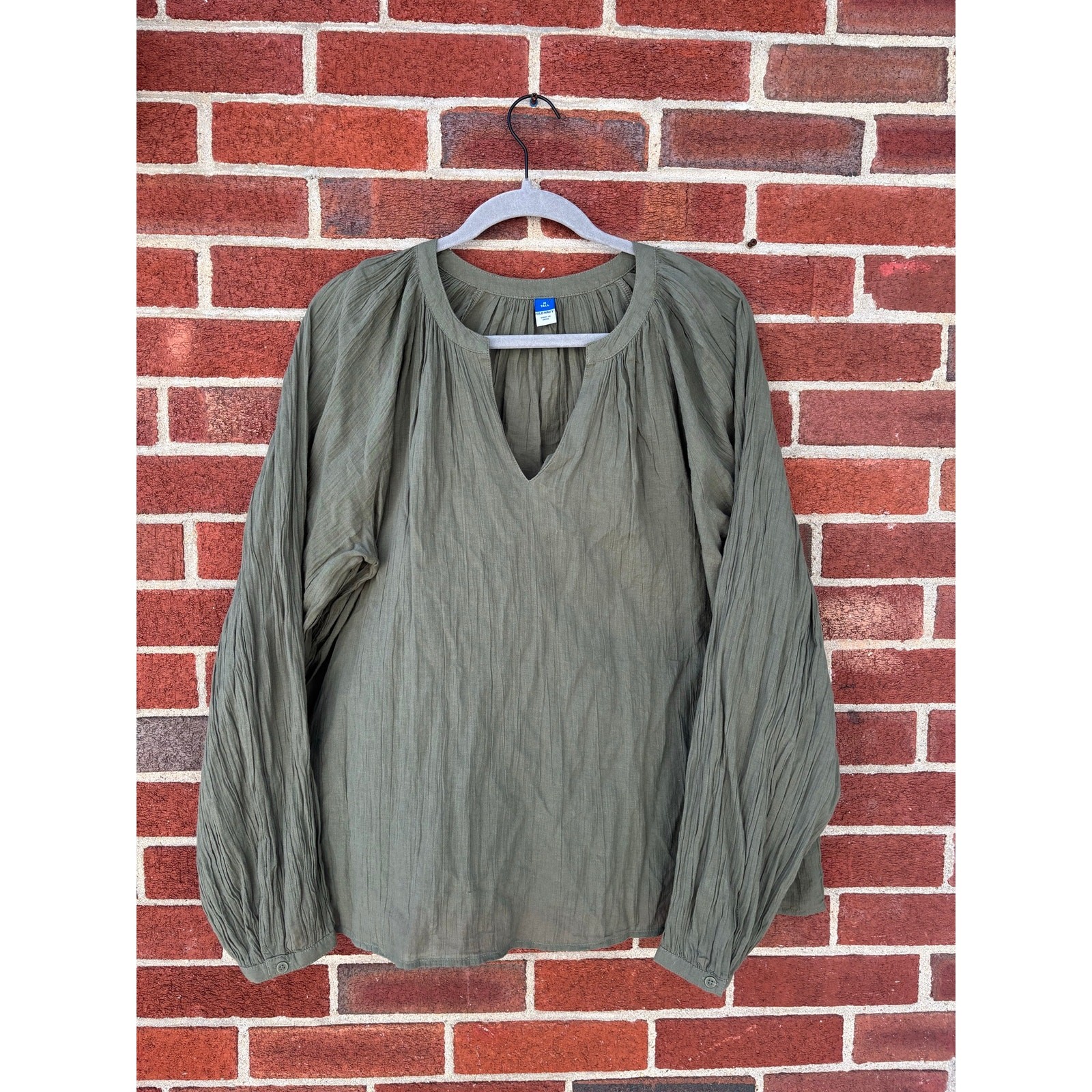 Old Navy Olive Green Peasant Blouse Medium Tall Boho Long Sleeve Cotton Top
