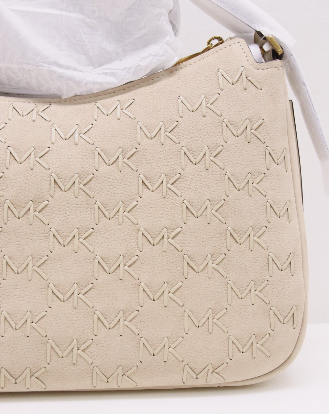 Michael Kors Nolita Medium Whipstitched Logo Leather Shoulder Bag – Khaki – New