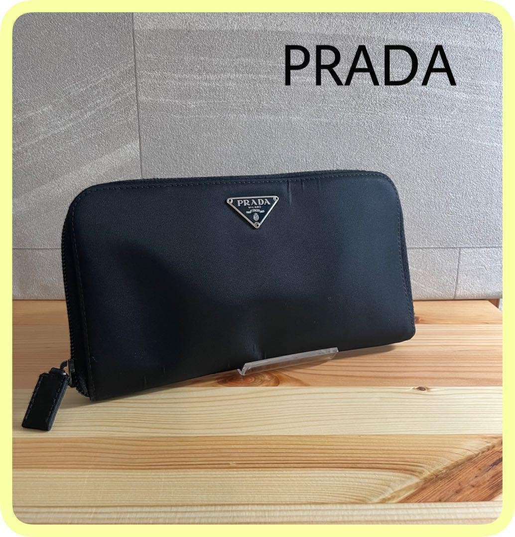 PRADA Long Wallet Round Zipper Triangle Plate Nylon