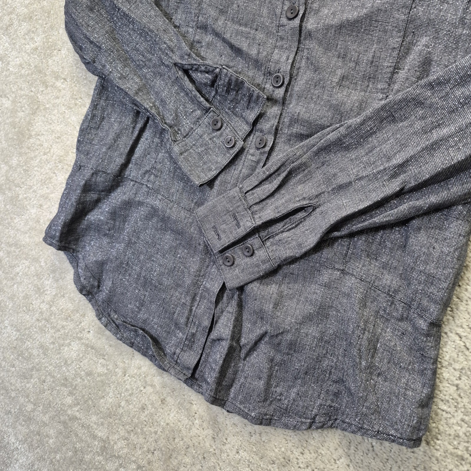 Flax Linen Top Womens Small Gray Metallic Silver Button Up Disco Beach 70s Mom