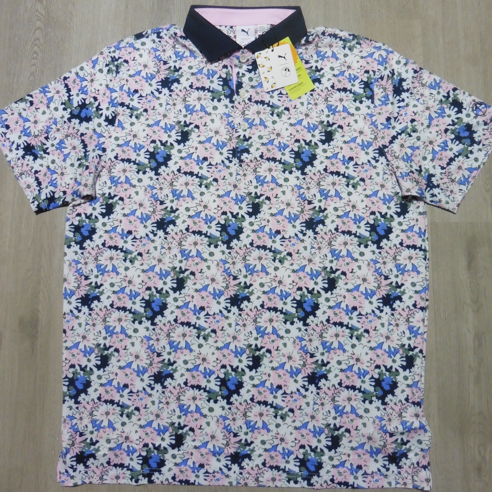 PUMA ARNOLD PALMER Mens M MEDIUM POLO SHIRT FLORAL WHITE GLOW DEEP NAVY GOLF AP