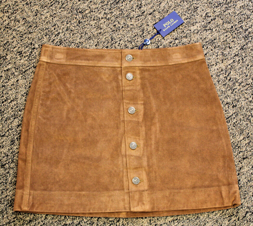 New Polo Ralph Lauren Brown Cow Leather Skirt Size 4