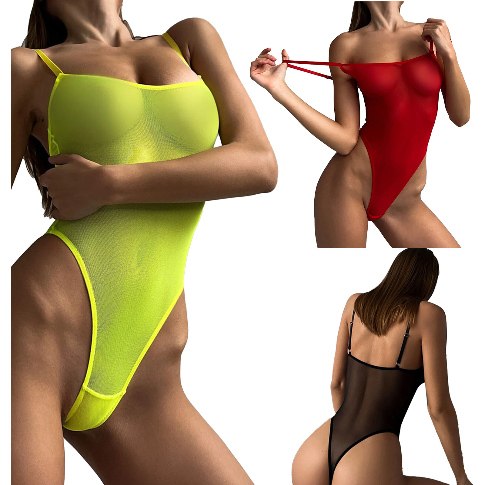 Women Mesh See Through High Cut Bodysuit Backless Adjustable One-piece Swimsuit