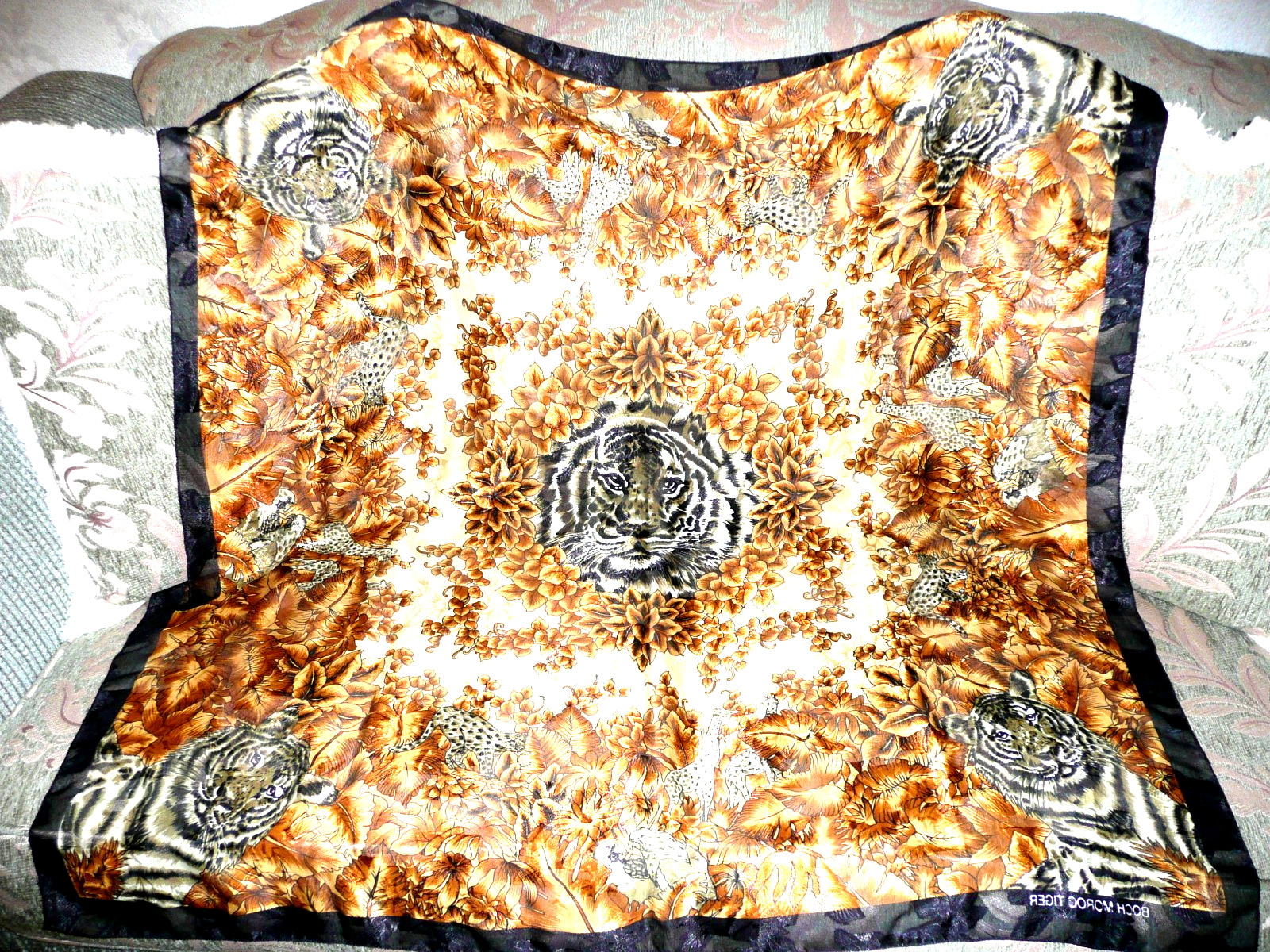 ANTIQUE GOLDEN BRONZE POLYSTER ANIMAL BIRDS TIGER SHAWL SCARF 1970 40″x 40″