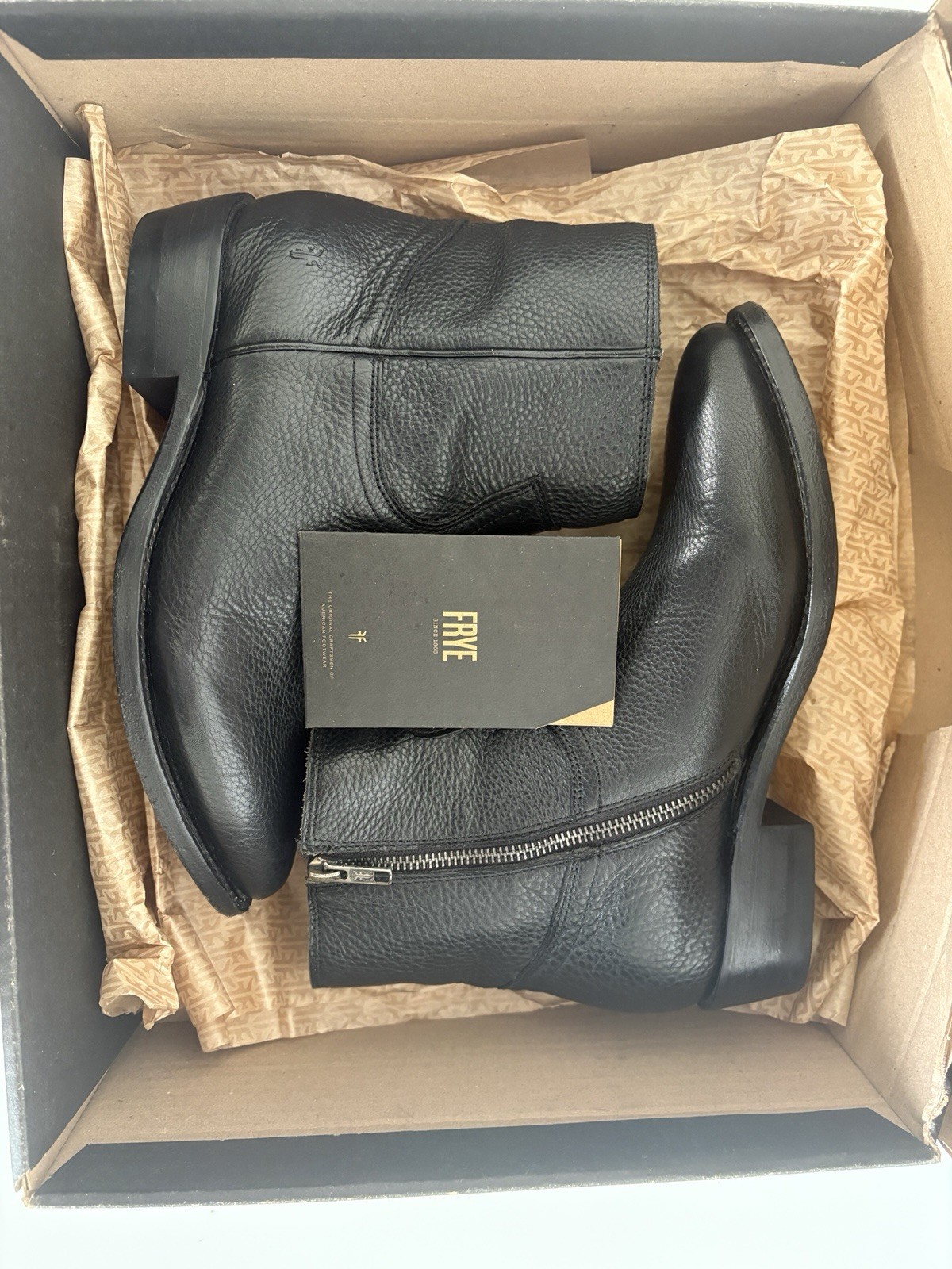 Frye Black Leather Ankle Boots, Zip Closure, Solid, US 8 M