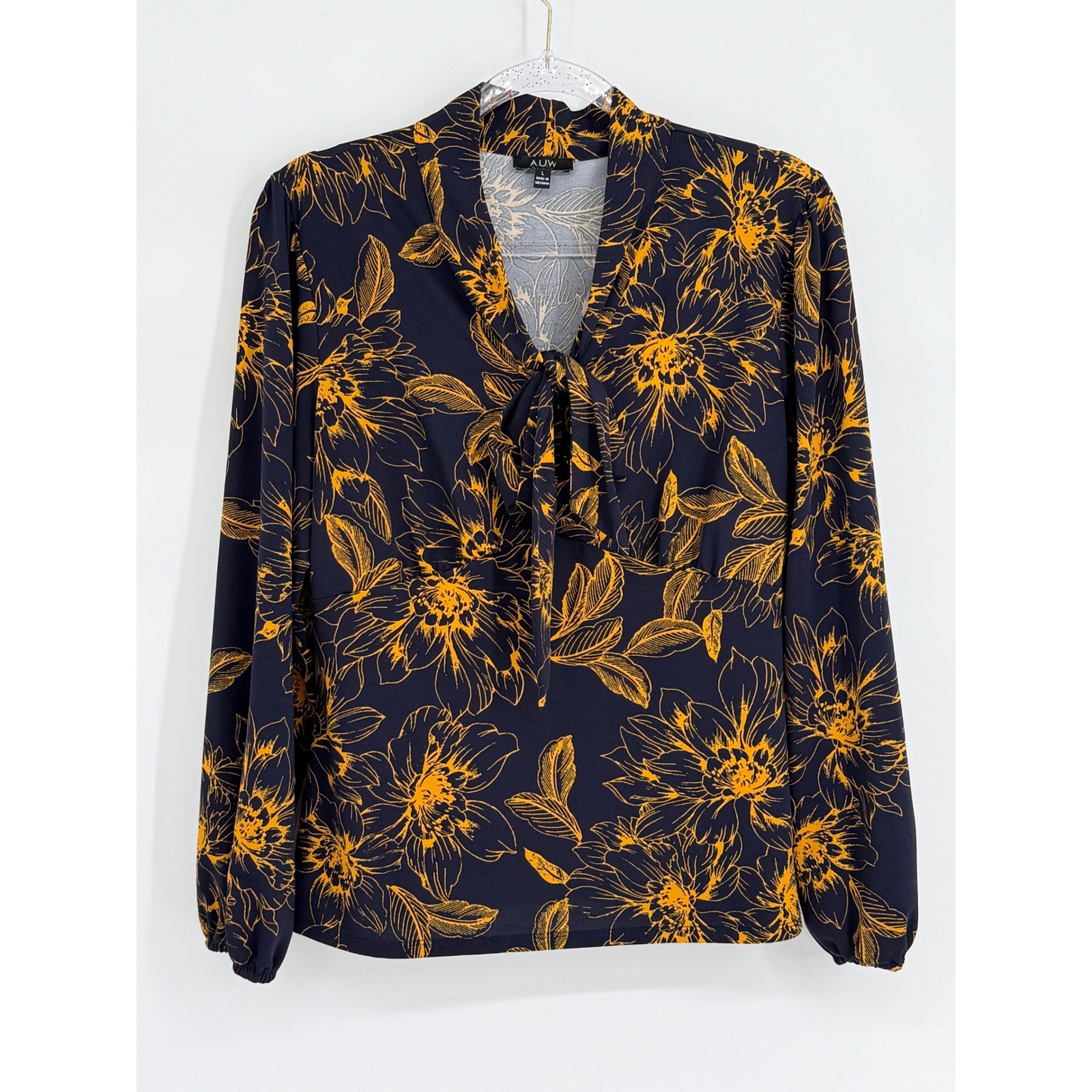 A.U.W Womens Navy Blue Yellow Floral Tie Neck Long Sleeve Blouse Top Sz L