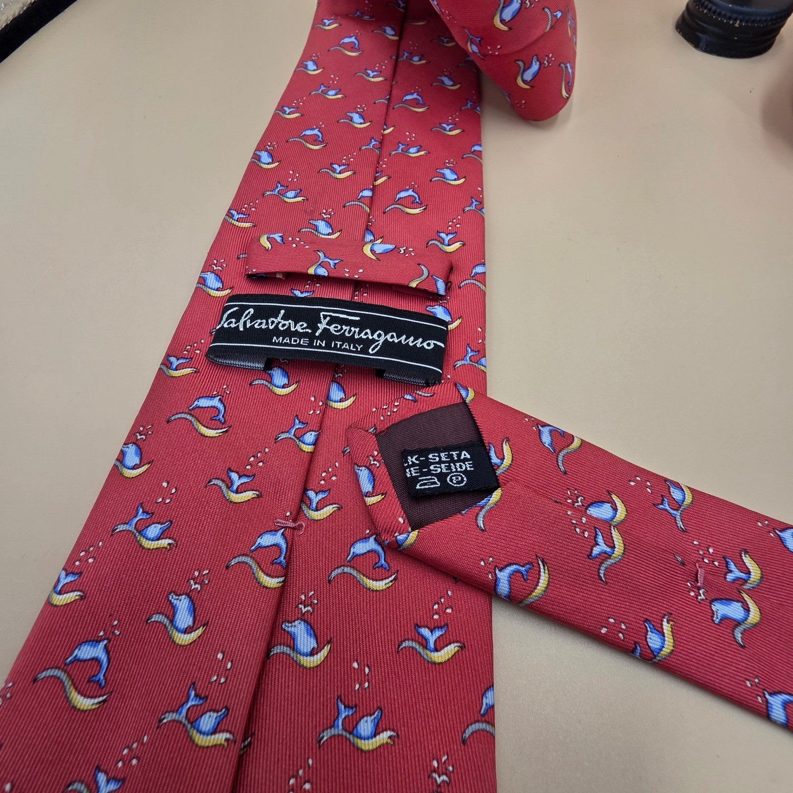 Salvatore Ferragamo Mens Silk Tie Red Blue Dolphin Whale Animal Print Italy 58in