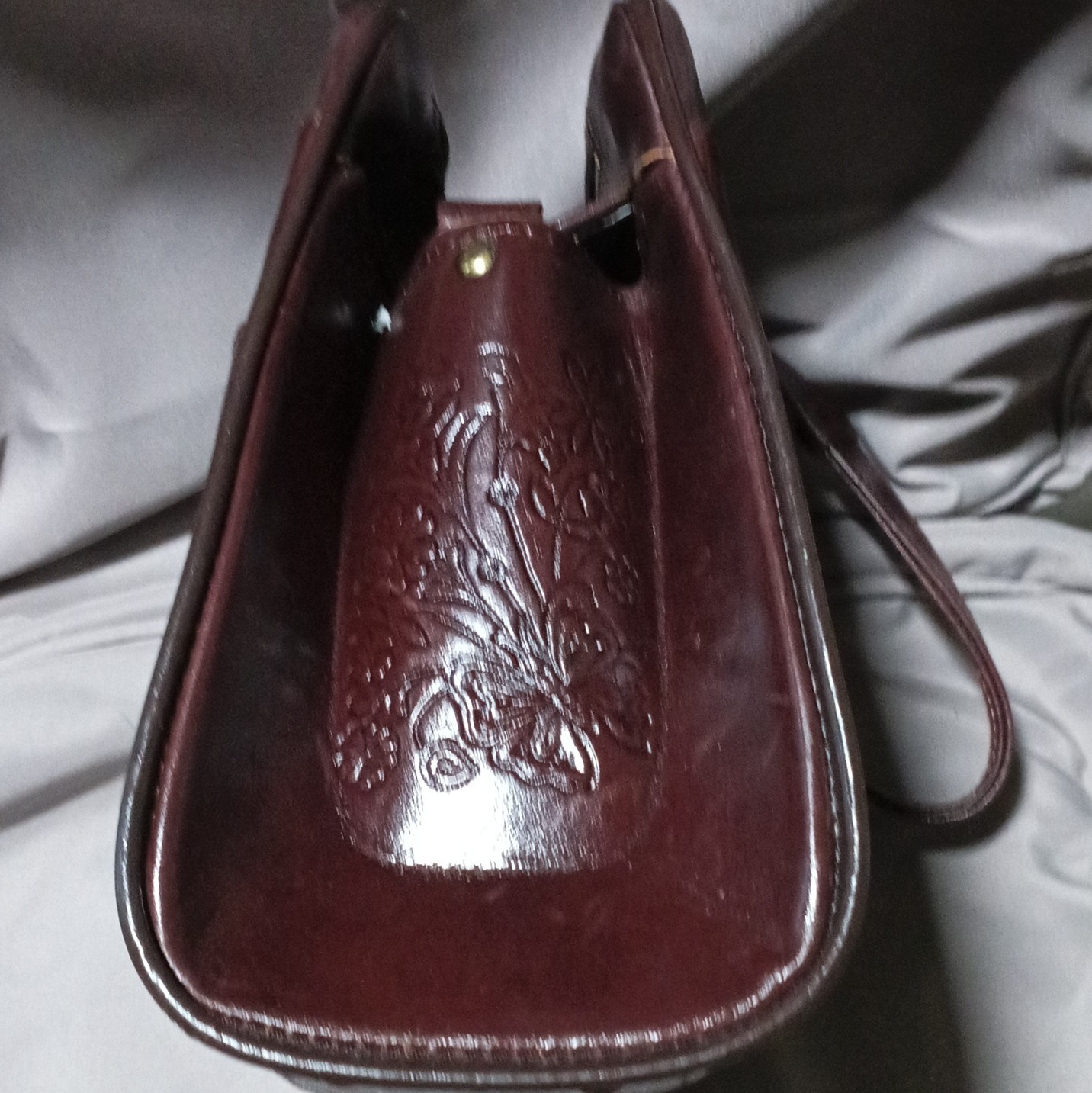 Brown Tooled Embossed Floral Shoulder Bag Zip Top Multi-Compartment Studs